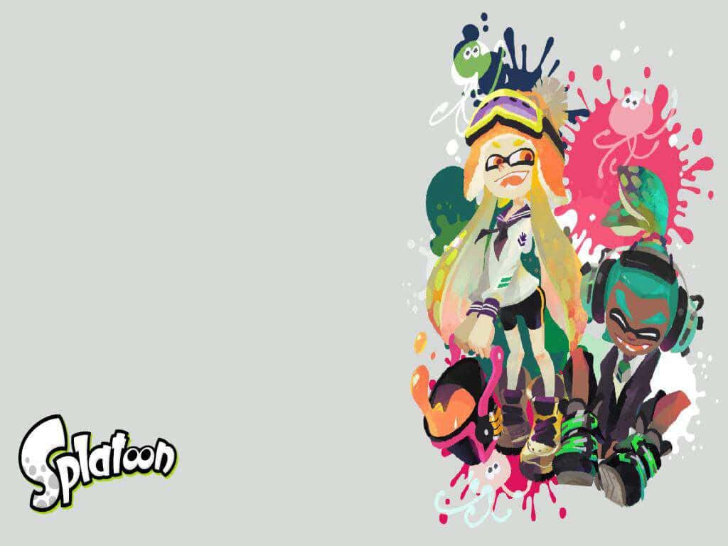 splatoon 2 桌布 壁紙 — 兩個Splatoon角色穿著鮮豔裝備，被彩色墨水噴濺包圍，背景為淺灰色。