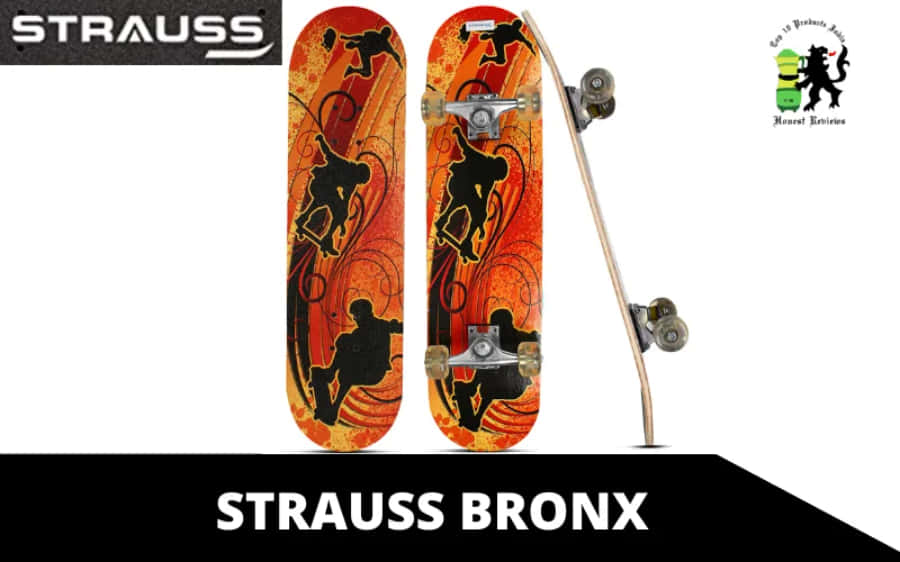 桌布 壁紙 — 兩個Strauss Bronx滑板，正面和側面展示，帶有橙色火焰設計和黑色滑板者剪影。