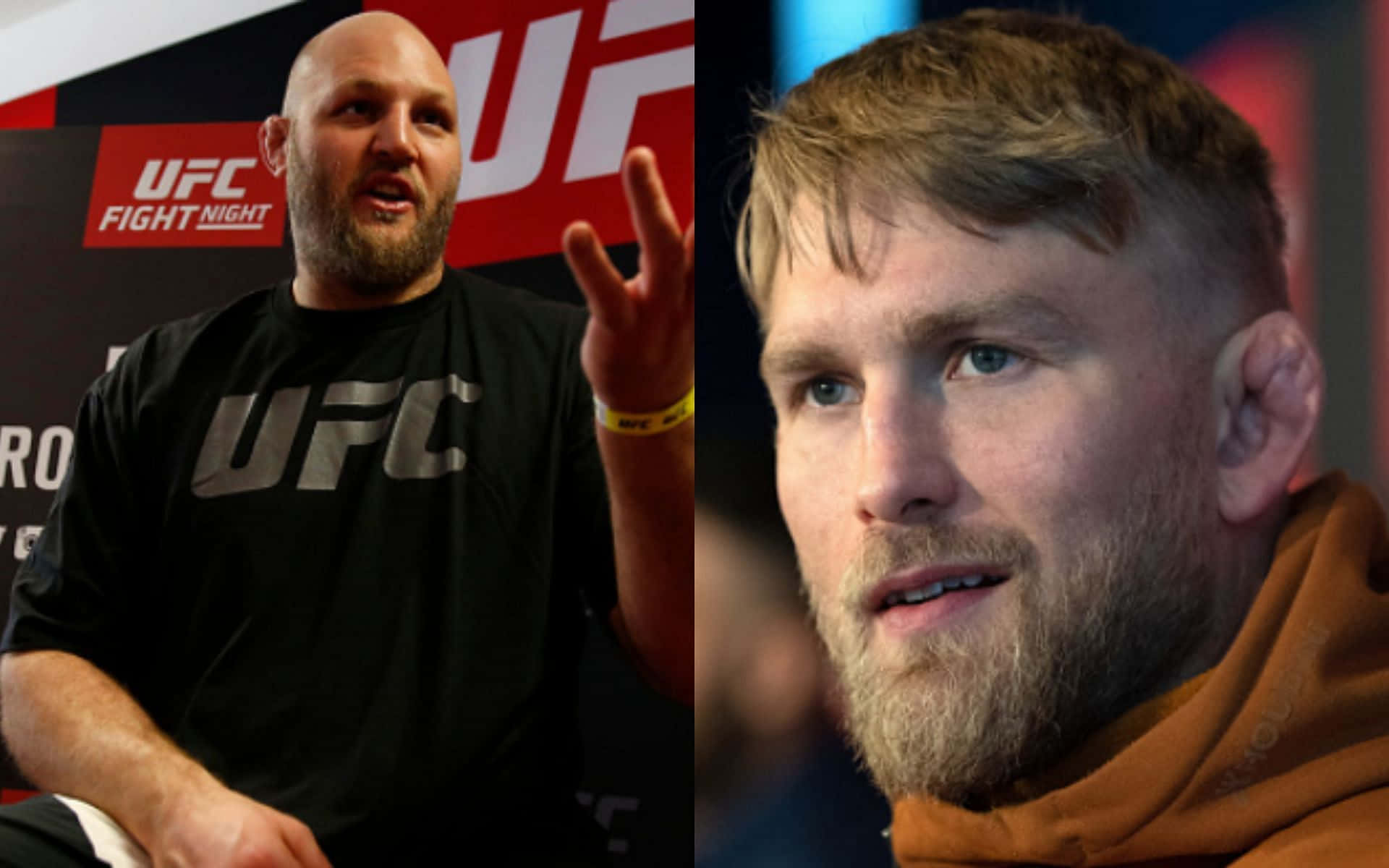 UFC 桌布 壁紙 — 兩個UFC拳手分別在不同的面板中，一個熱情地做手勢，另一個若有所思，兩者都在品牌活動場景中。