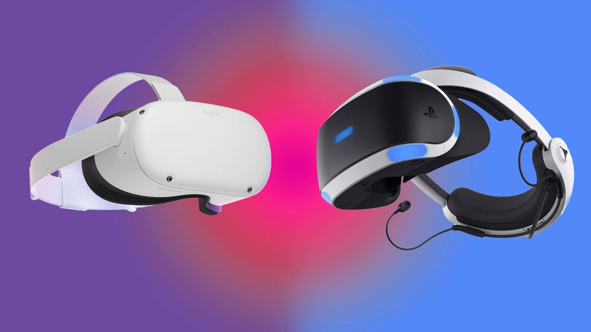 Oculus Quest 2 桌布 壁紙 — 兩個VR頭戴式顯示器漂浮在紫色、藍色和紅色的鮮豔漸變背景上。