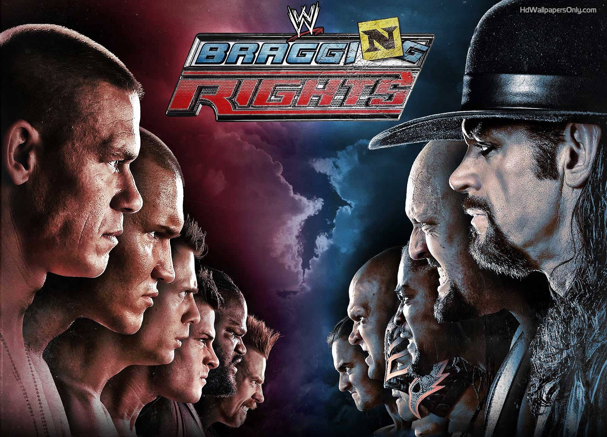 WWE 桌布 壁紙 — 兩個WWE摔角手派系在Bragging Rights的戲劇性宣傳海報中對峙，表情強烈，紅藍燈光對比鮮明。
