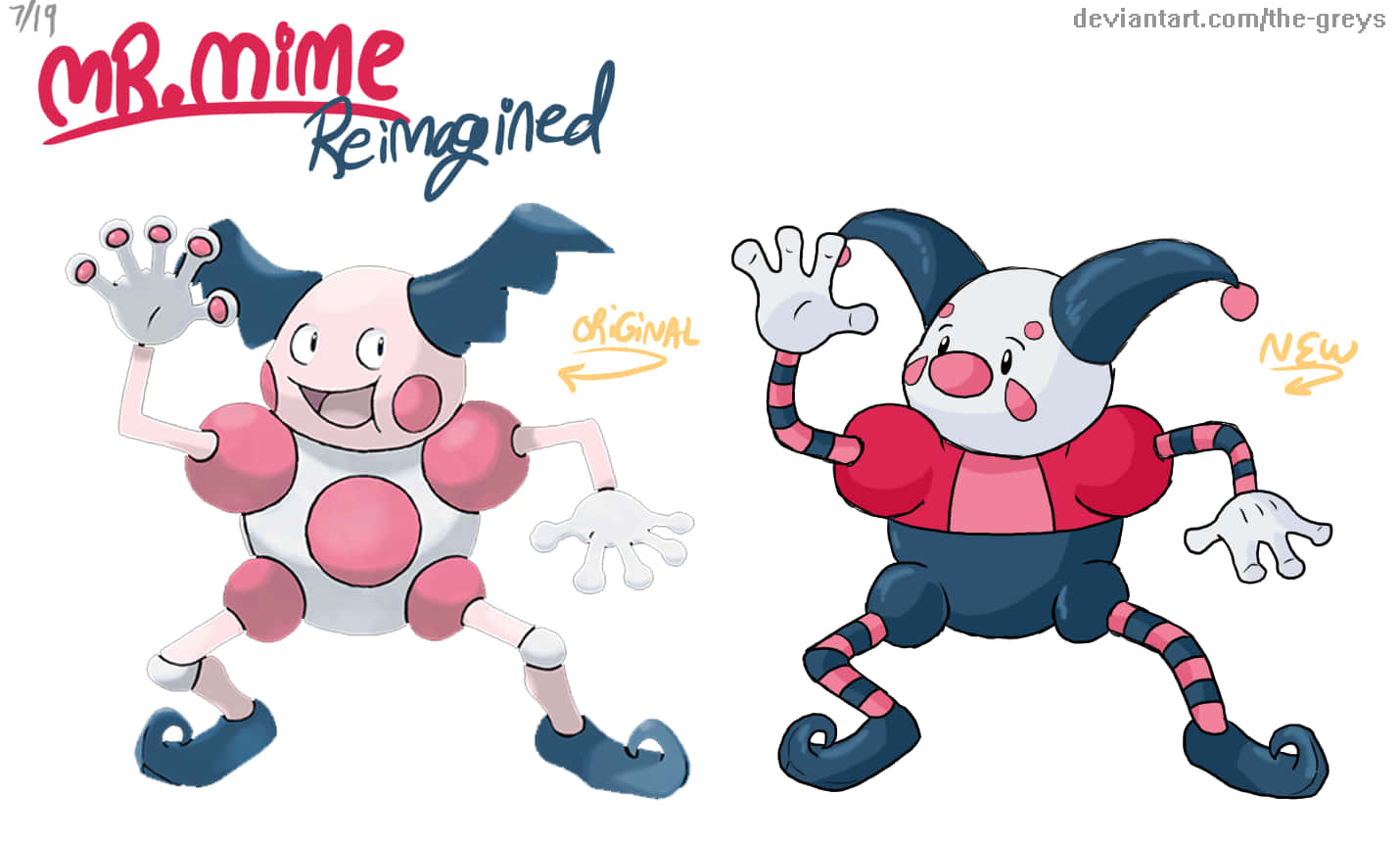 Mr. Mime 桌布 壁紙 — 兩個並排的Mr. Mime插圖版本，一個是原版粉紅色和白色，另一個重新設計成小丑，帶有紅色和藍色條紋。