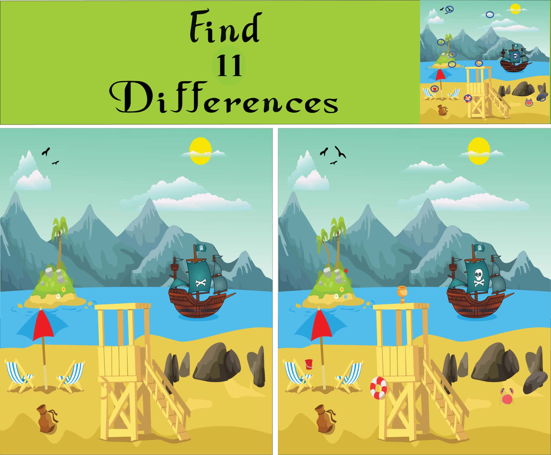 game 桌布 壁紙 — 兩個並排的卡通海灘場景，有海盜船和救生員瞭望塔，邀請觀眾找出11個不同之處。