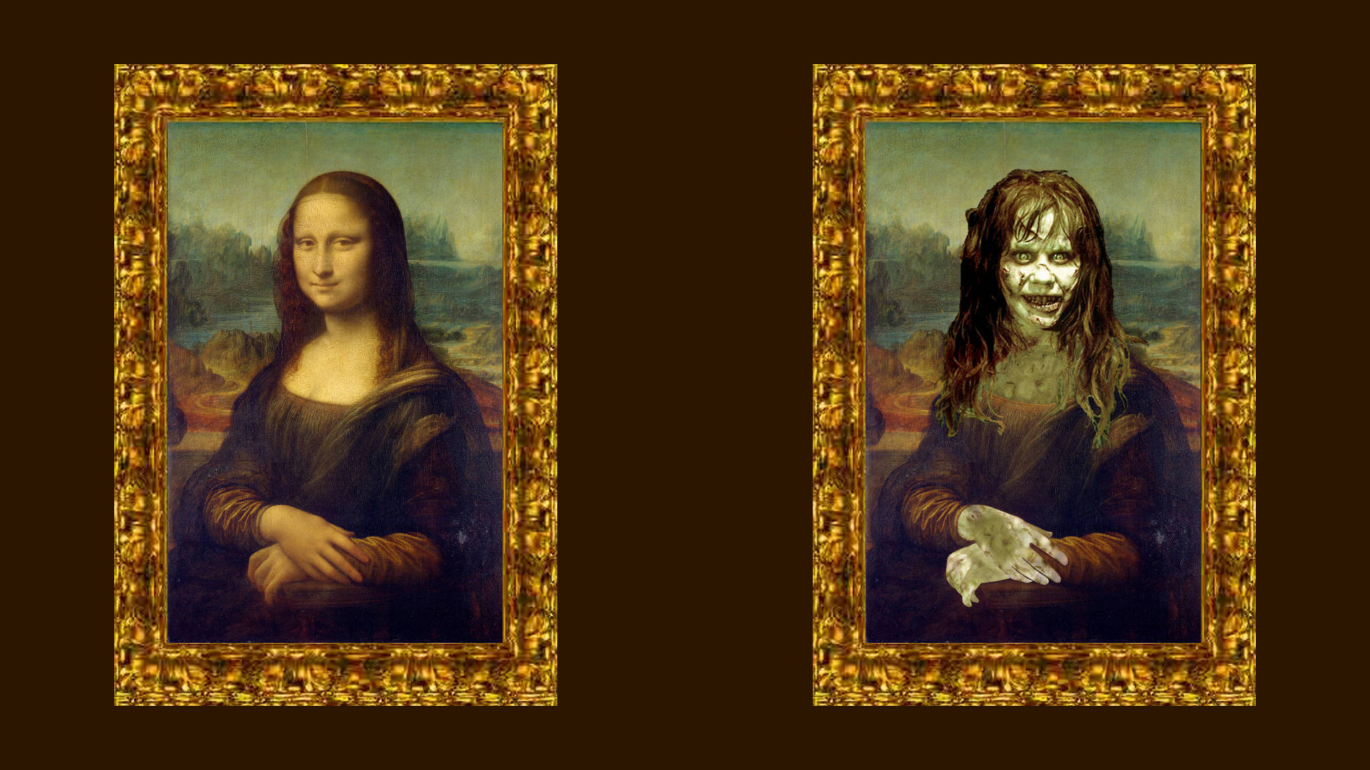 lisa 桌布 壁紙 — 兩個並排的鑲框肖像，一個是蒙娜麗莎，另一個是她的殭屍版本，兩者都裝飾著華麗的金色畫框。