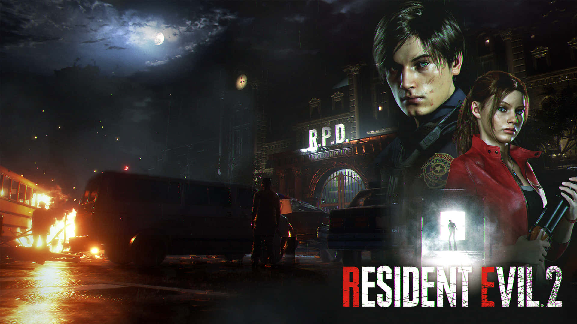 Resident Evil 2 桌布 壁紙 — 兩個主角在月光之夜站在燃燒的警察局前面，是一個恐怖遊戲場景。