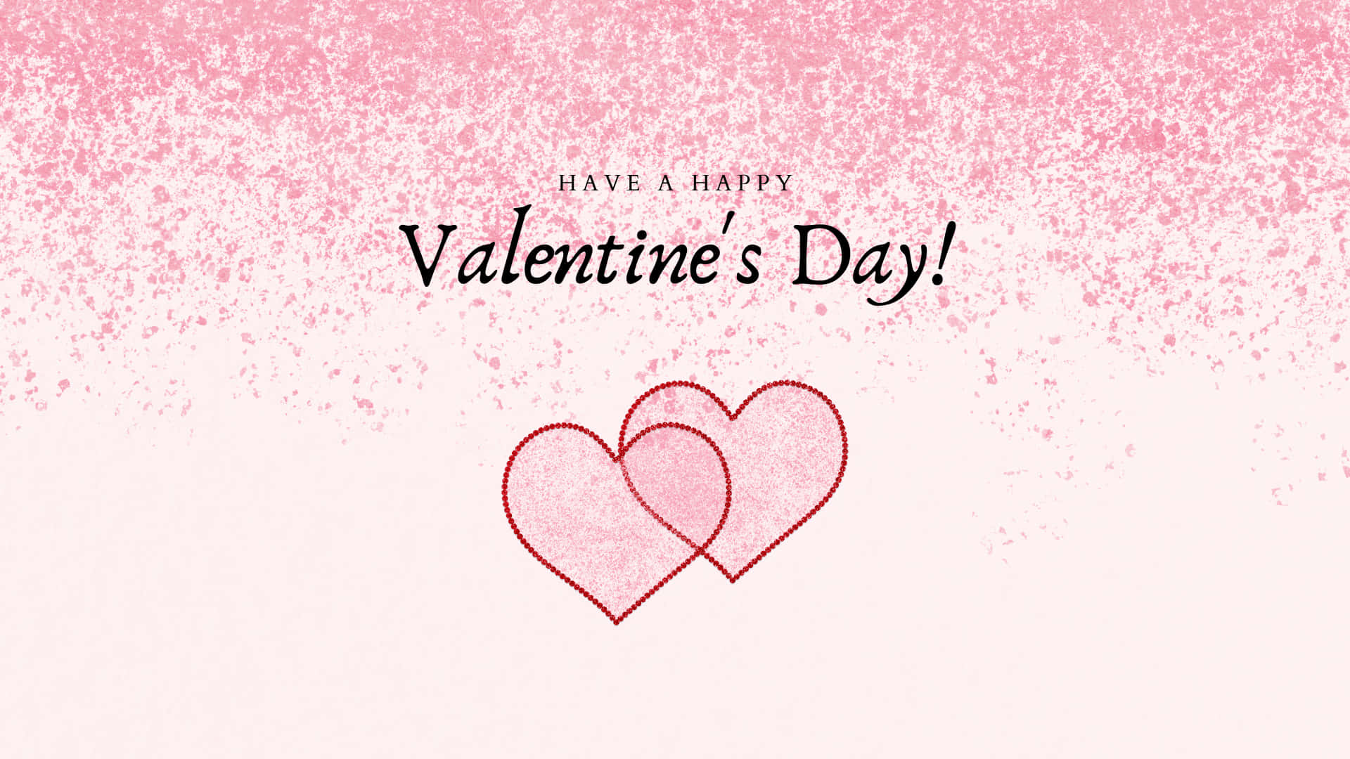 Cute Happy Valentine Day 桌布 壁紙 — 兩個交織的心形，帶有紅色虛線輪廓，漂浮在柔和的粉紅色斑點背景上，並帶有情人節祝福語。