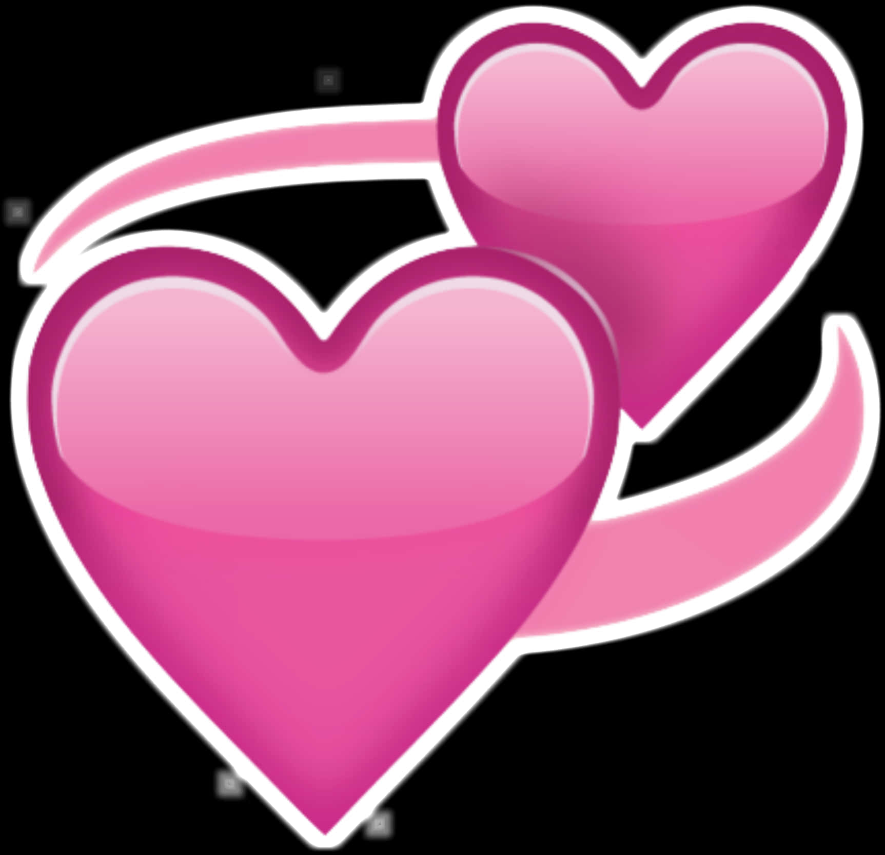 Love Emoji 桌布 壁紙 — 兩個亮面粉紅色心形由彎曲絲帶連接，背景為黑色。