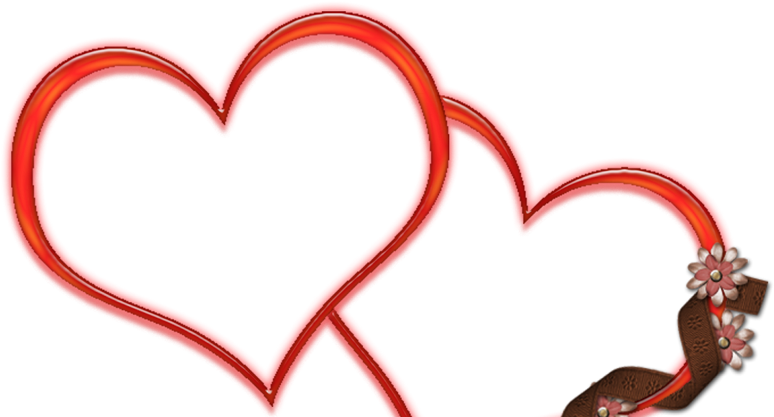 Heart Frame 桌布 壁紙 — 兩個亮面紅色交織心形，飾有花卉絲帶，襯托在純黑背景上。