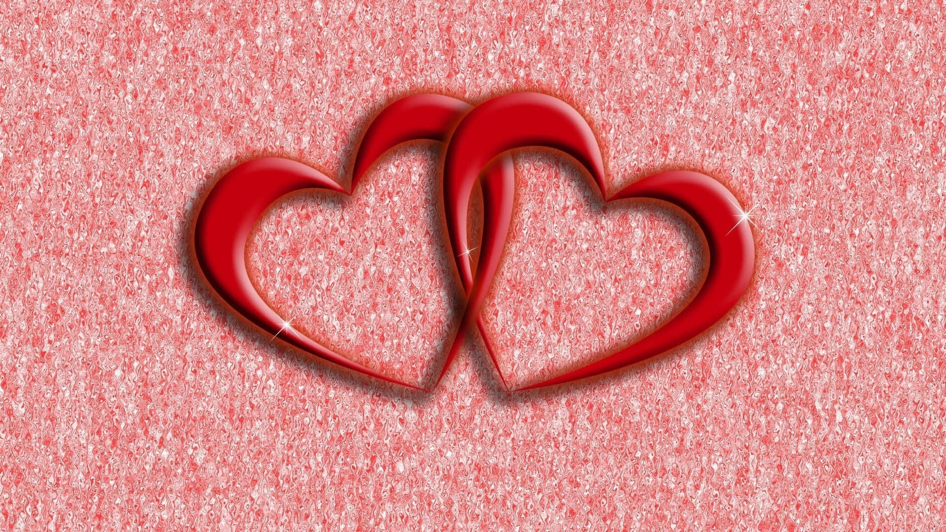 Red Heart 桌布 壁紙 — 兩個亮面紅色心形在閃爍的粉紅色亮粉背景上交織在一起。