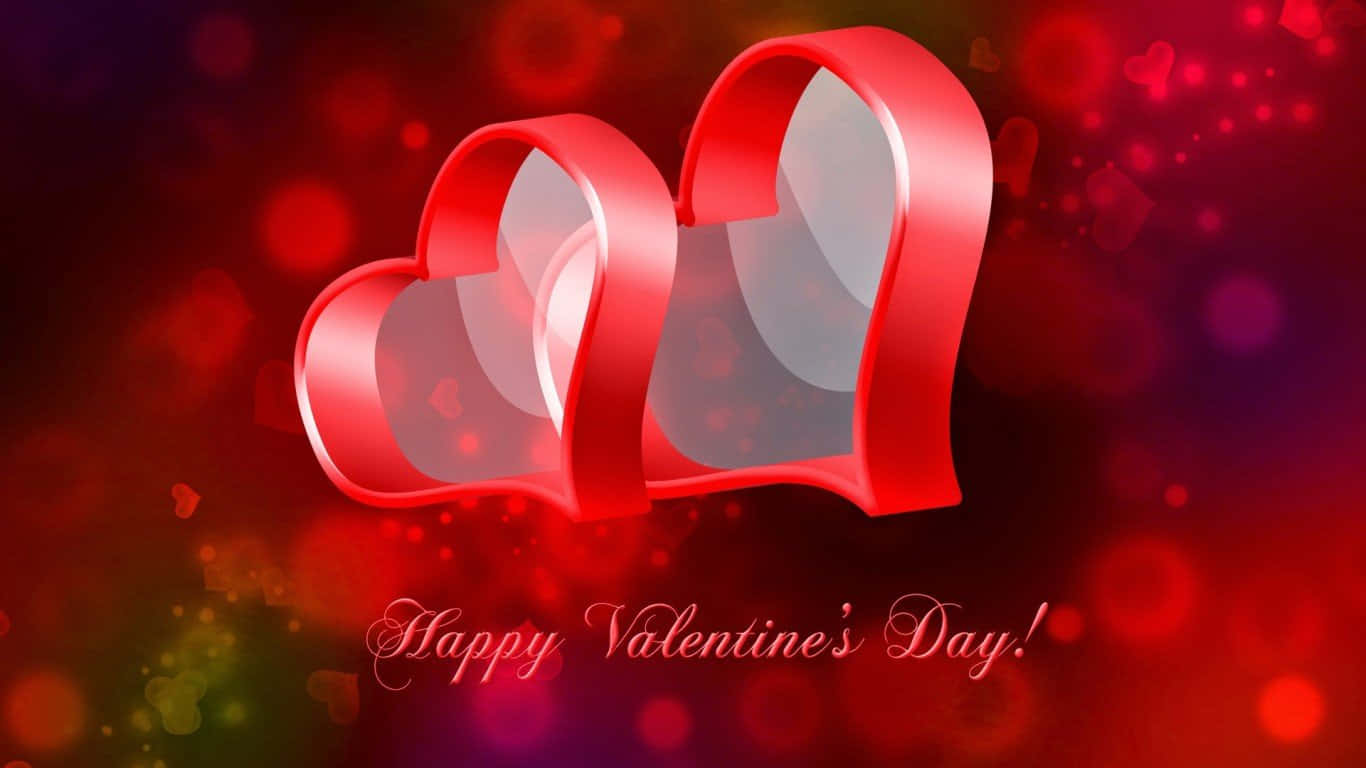 Happy Valentines Day 桌布 壁紙 — 兩個亮面紅色絲帶心形在模糊的紅色和紫色散景背景上漂浮，並帶有情人節訊息。