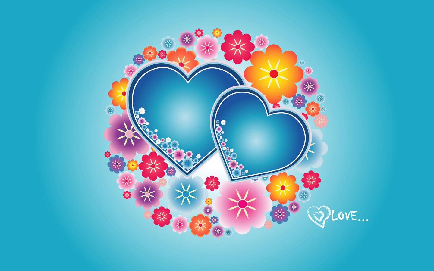 Love Heart 桌布 壁紙 — 兩個亮面藍色心形與色彩繽紛的花朵交織，背景為柔和藍色漸層。