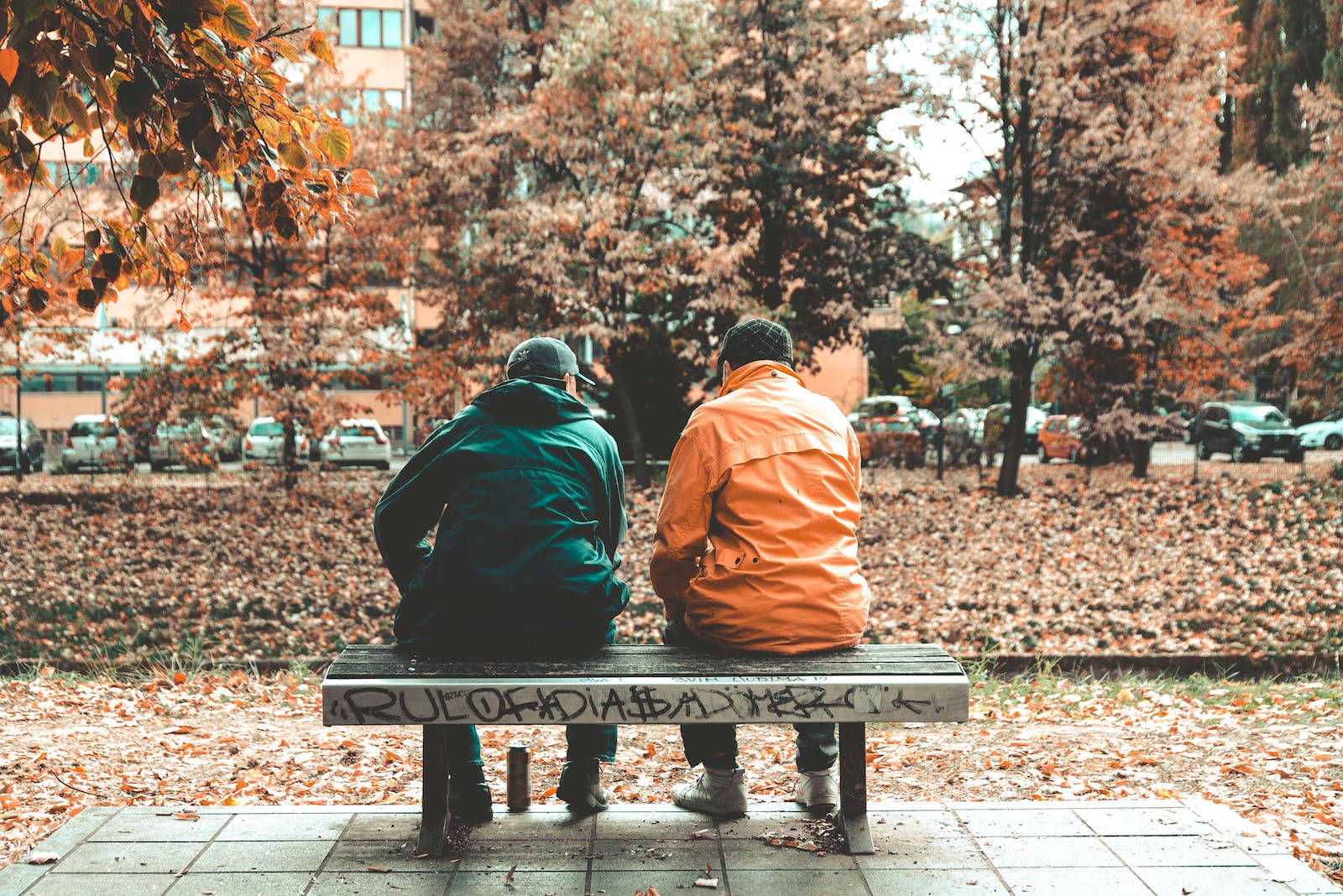 Best Autumn 桌布 壁紙 — 兩個人並肩坐在城市公園裡一張佈滿塗鴉的長椅上，周圍是秋天的落葉和樹木。