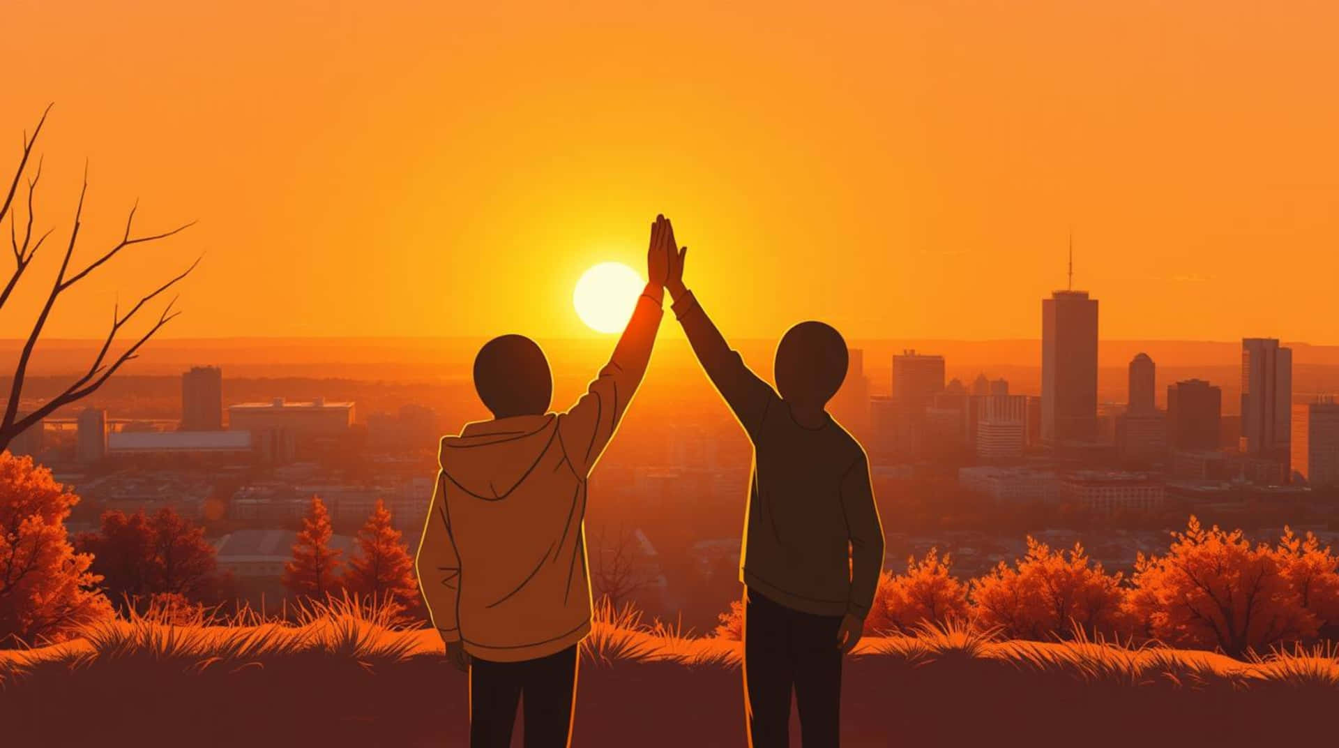 Two friends high-fiving on a hill overlooking a city at sunset, celebrating success and friendship. 壁紙 — 兩個人以剪影形式擊掌，背景是發光的橙色日落，俯瞰城市天際線。