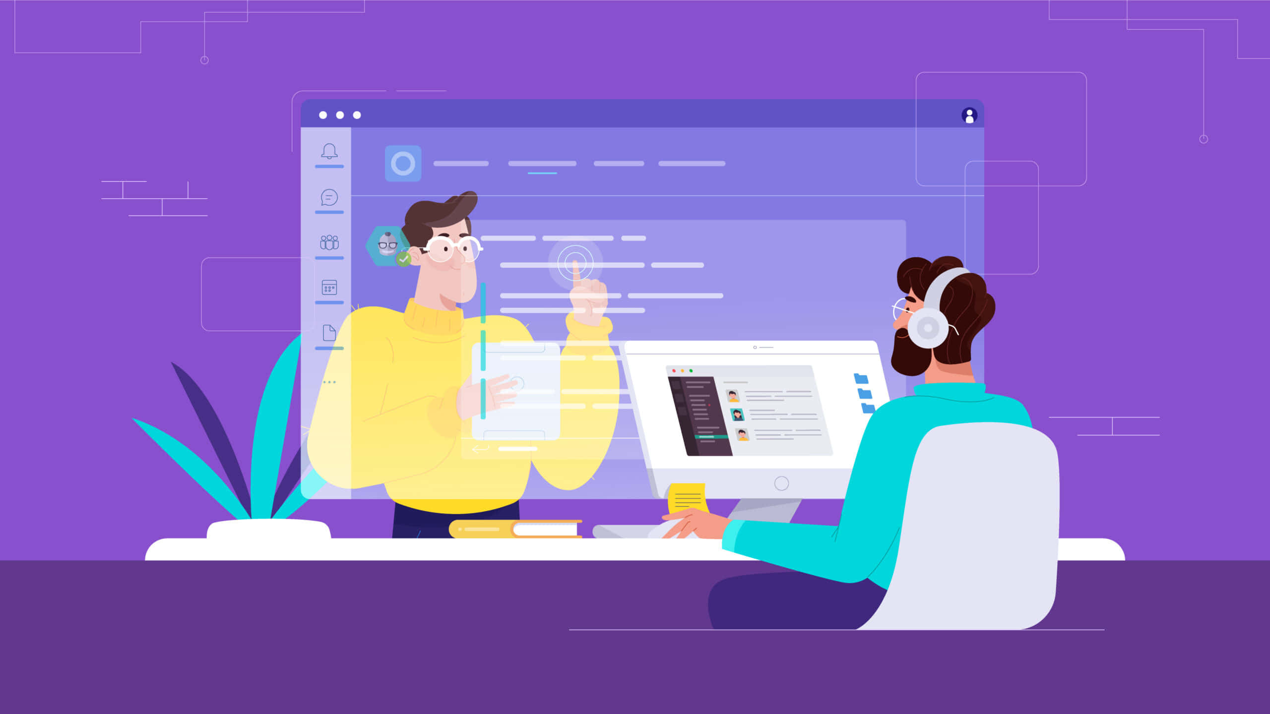 Microsoft Teams 桌布 壁紙 — 兩個人在一個充滿活力的紫色數位工作空間中協作，其中有浮動的介面元素和一盆盆栽植物。