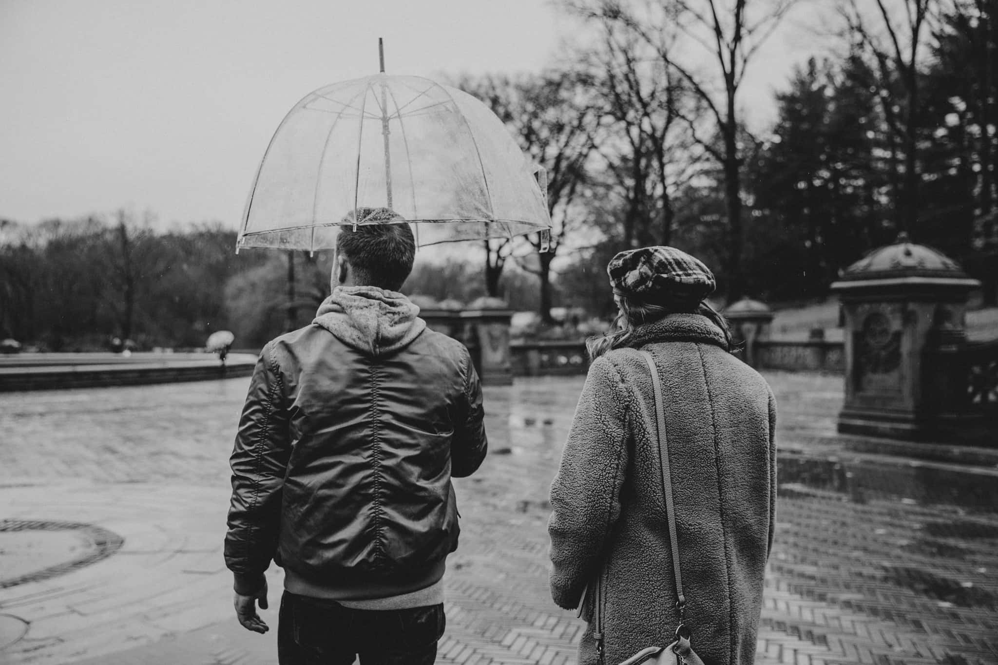 Umbrella 桌布 壁紙 — 兩個人在一個有光禿禿樹木的公園裡，在下雨的日子撐著透明傘走開。