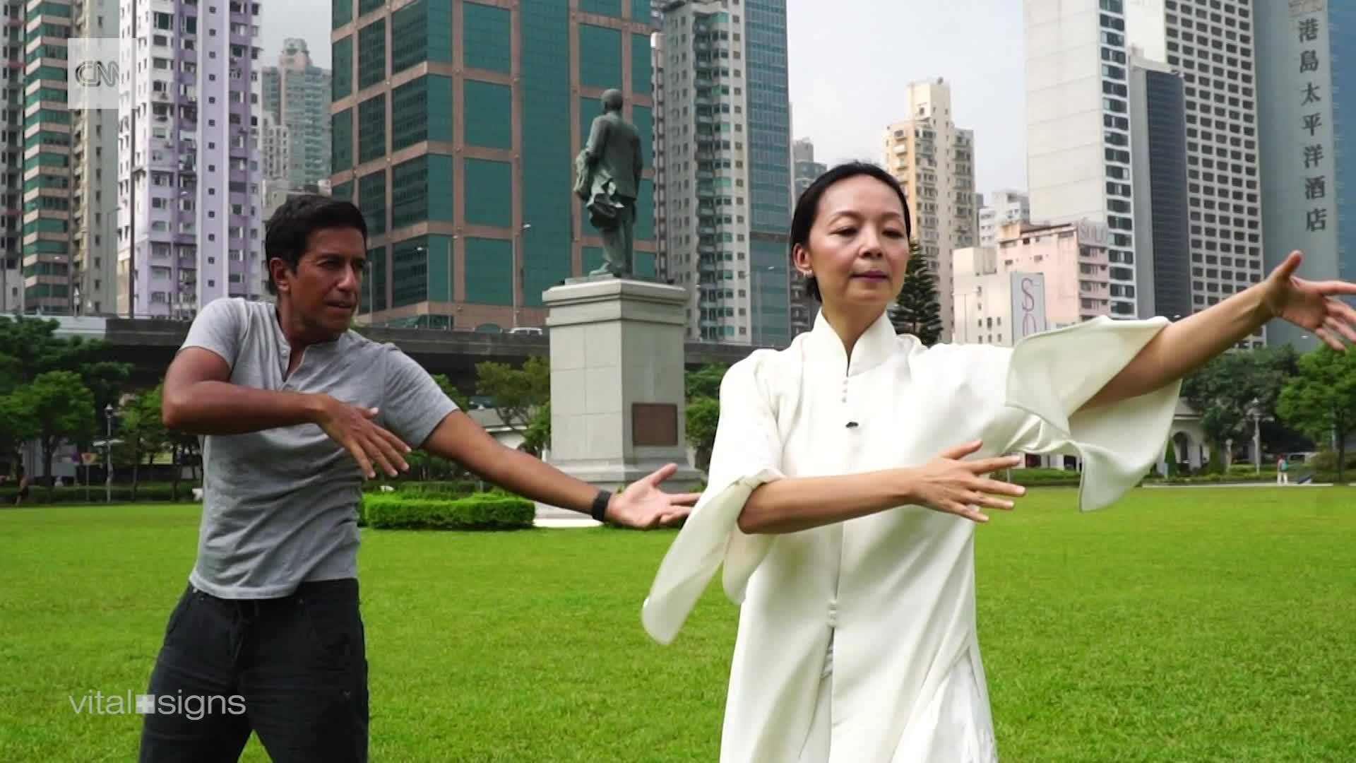 martial arts 桌布 壁紙 — 兩個人在一個有摩天大樓和雕像背景的草地城市公園中練習太極拳。