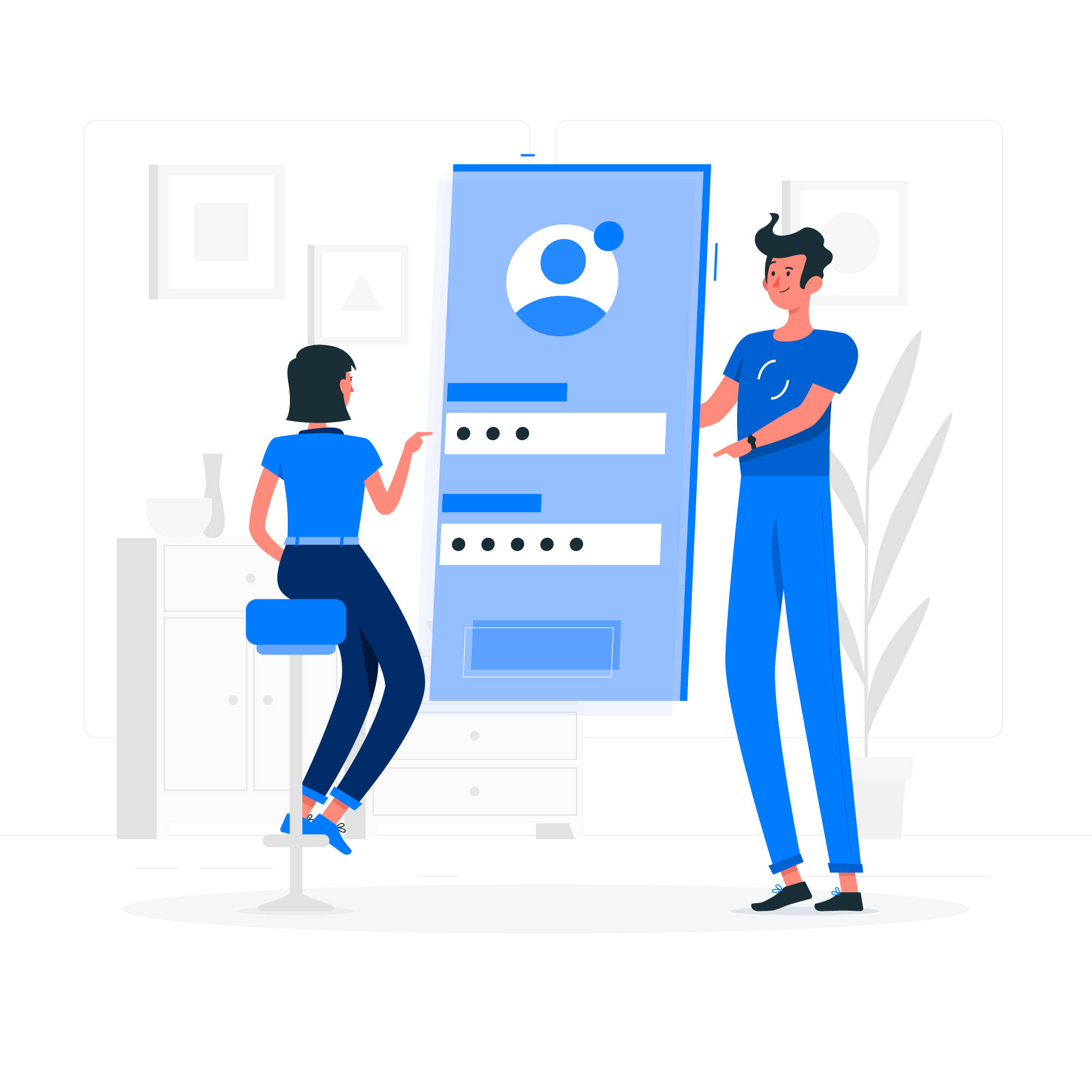 Teamwork 桌布 壁紙 — 兩個人在一個簡約現代、掛有裱框藝術品和盆栽植物的房間裡，與一個大型藍色數位介面互動。