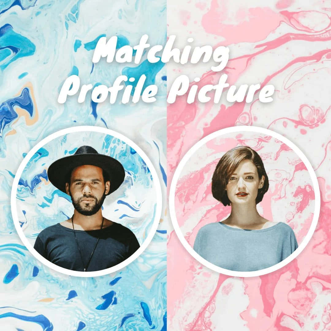 Matching Pfp 桌布 壁紙 — 兩個人在圓形框架內，背景為分割的藍色和粉紅色大理石，上方有文字。