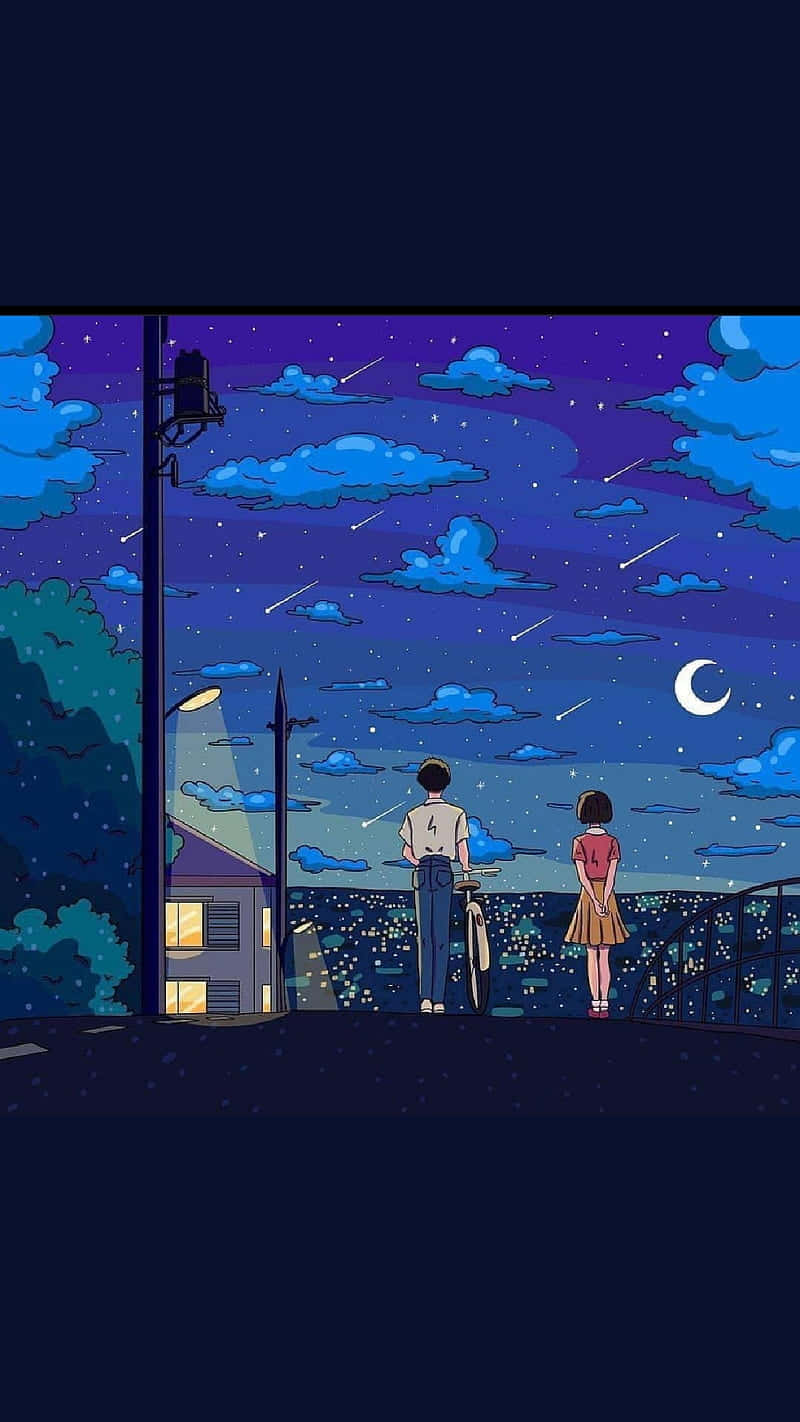 Studio Ghibli Phone 桌布 壁紙 — 兩個人在夜晚站在屋頂上，仰望星空，有新月和流星劃過。