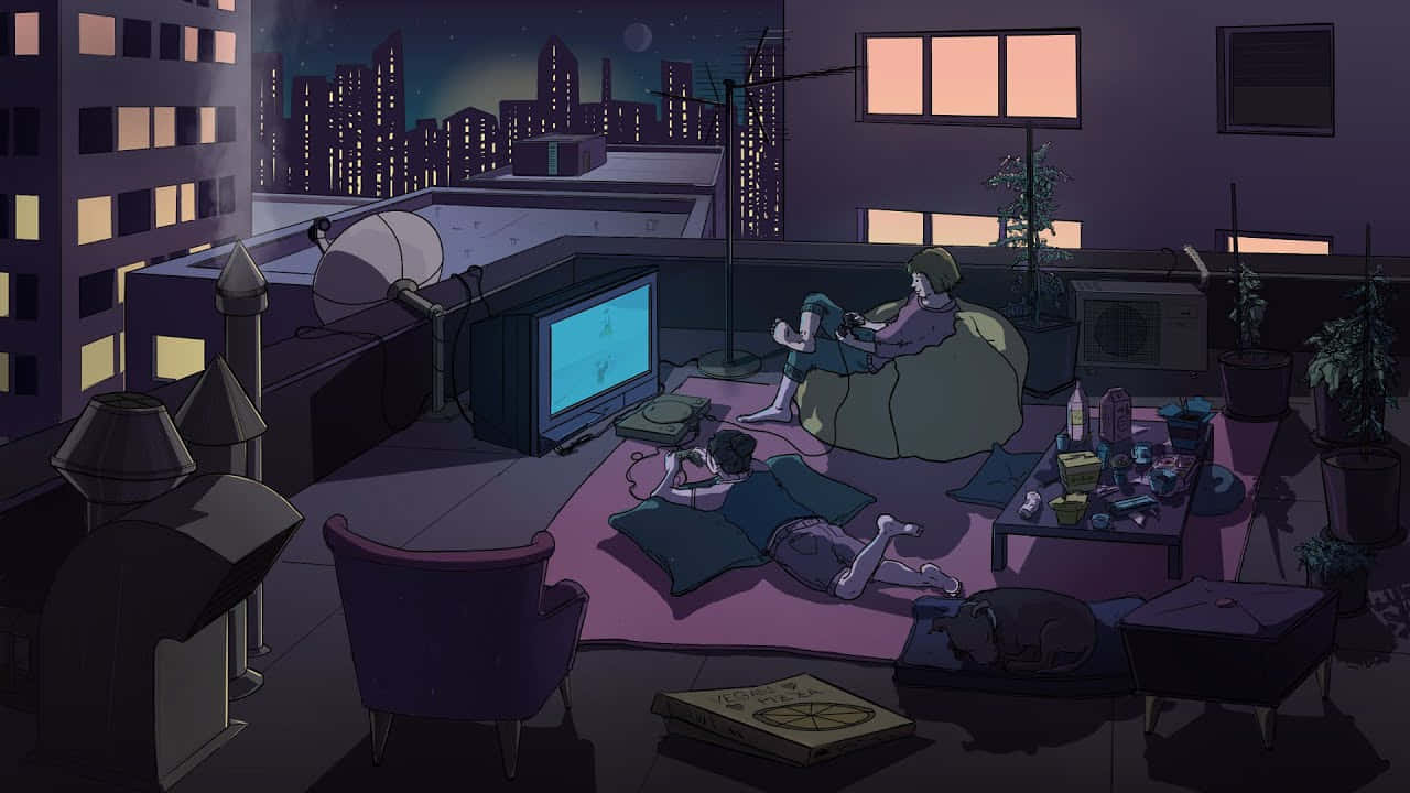 lofi 桌布 壁紙 — 兩個人在屋頂上放鬆，夜晚看電視，背後是閃爍的城市天際線。