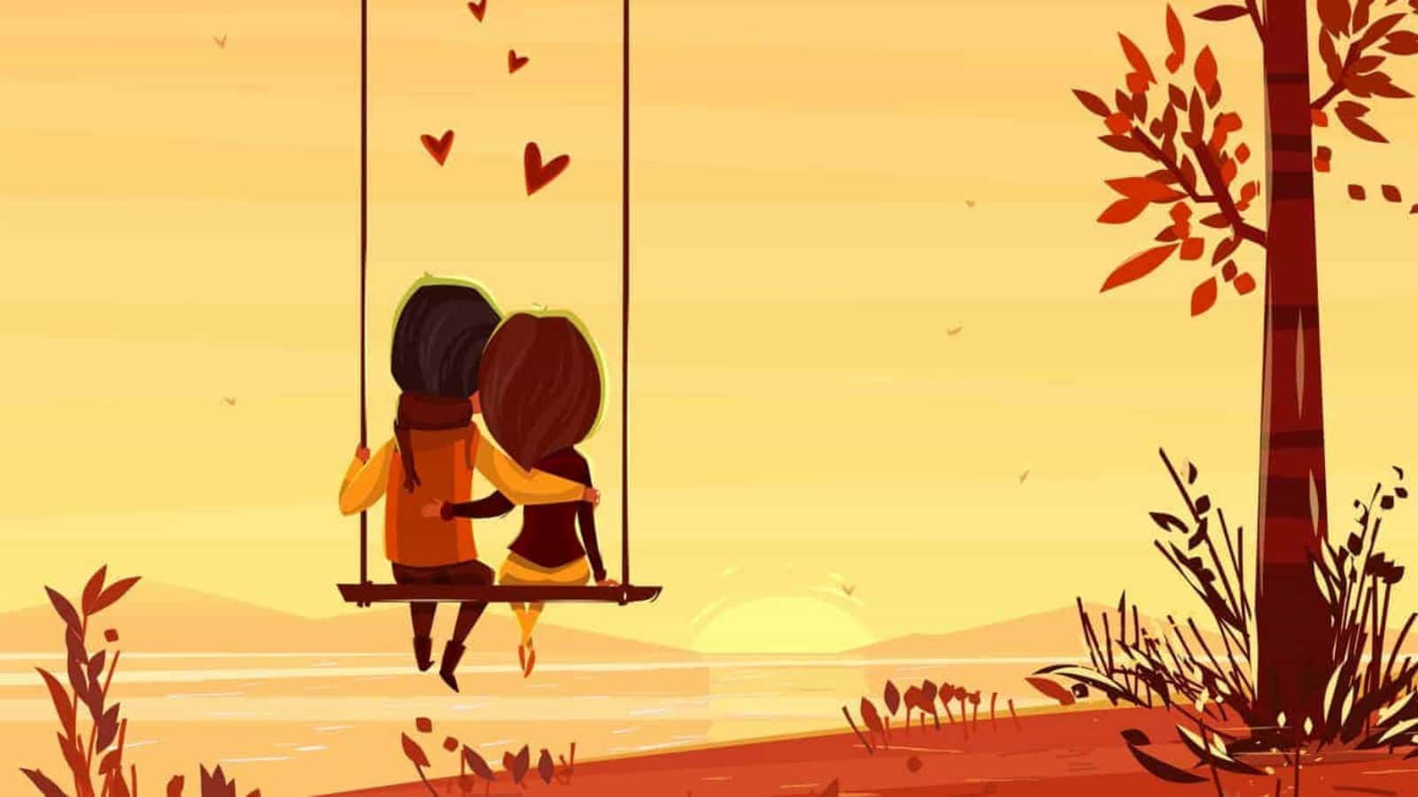Falling In Love 桌布 壁紙 — 兩個人在日落時分在鞦韆上擁抱，周圍有漂浮的心形和秋葉。