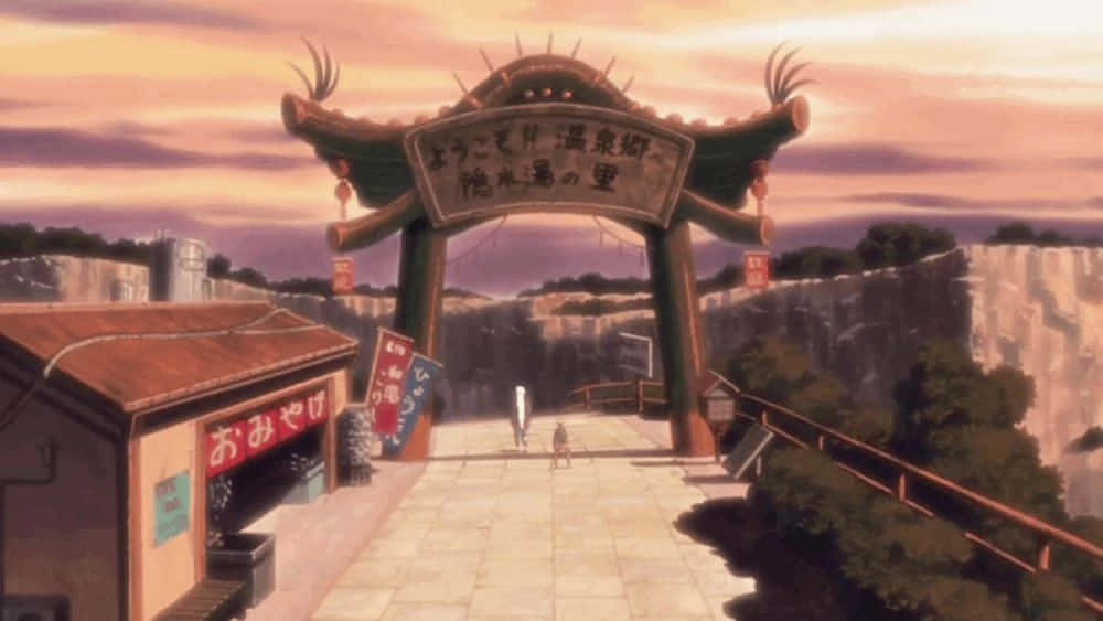 Naruto Village 桌布 壁紙 — 兩個人在日落時分走在傳統日本鳥居下，背景是懸崖村莊和溫暖的橙色天空。
