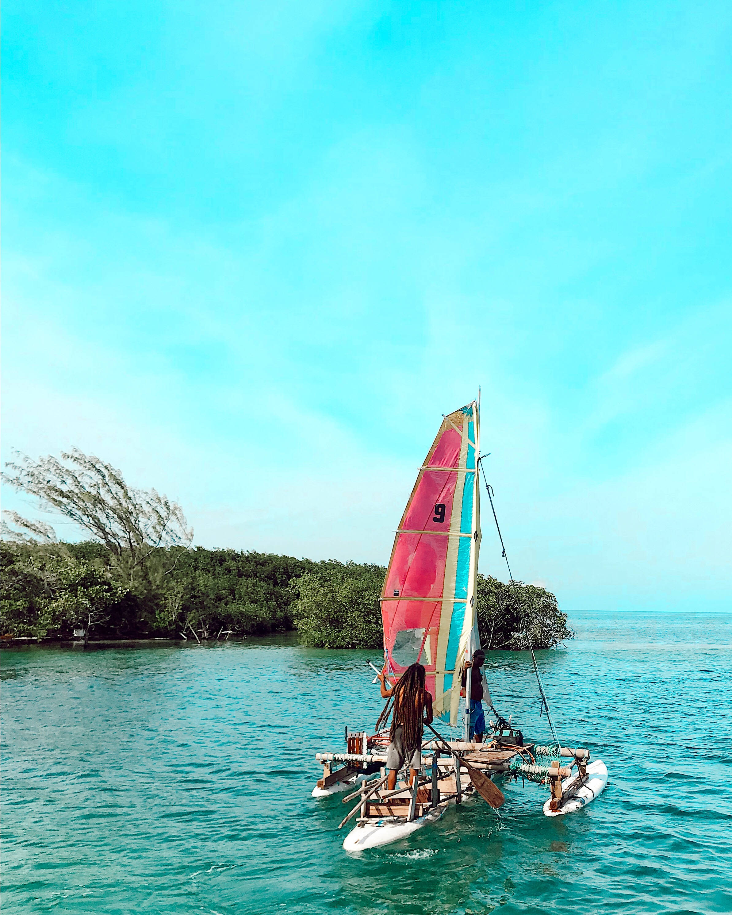 Belize 桌布 壁紙 — 兩個人在晴朗的藍天下，駕駛一艘帶有粉紅色帆的彩色雙體船，在鬱鬱蔥蔥的綠色海岸線附近的碧綠海水上行駛。