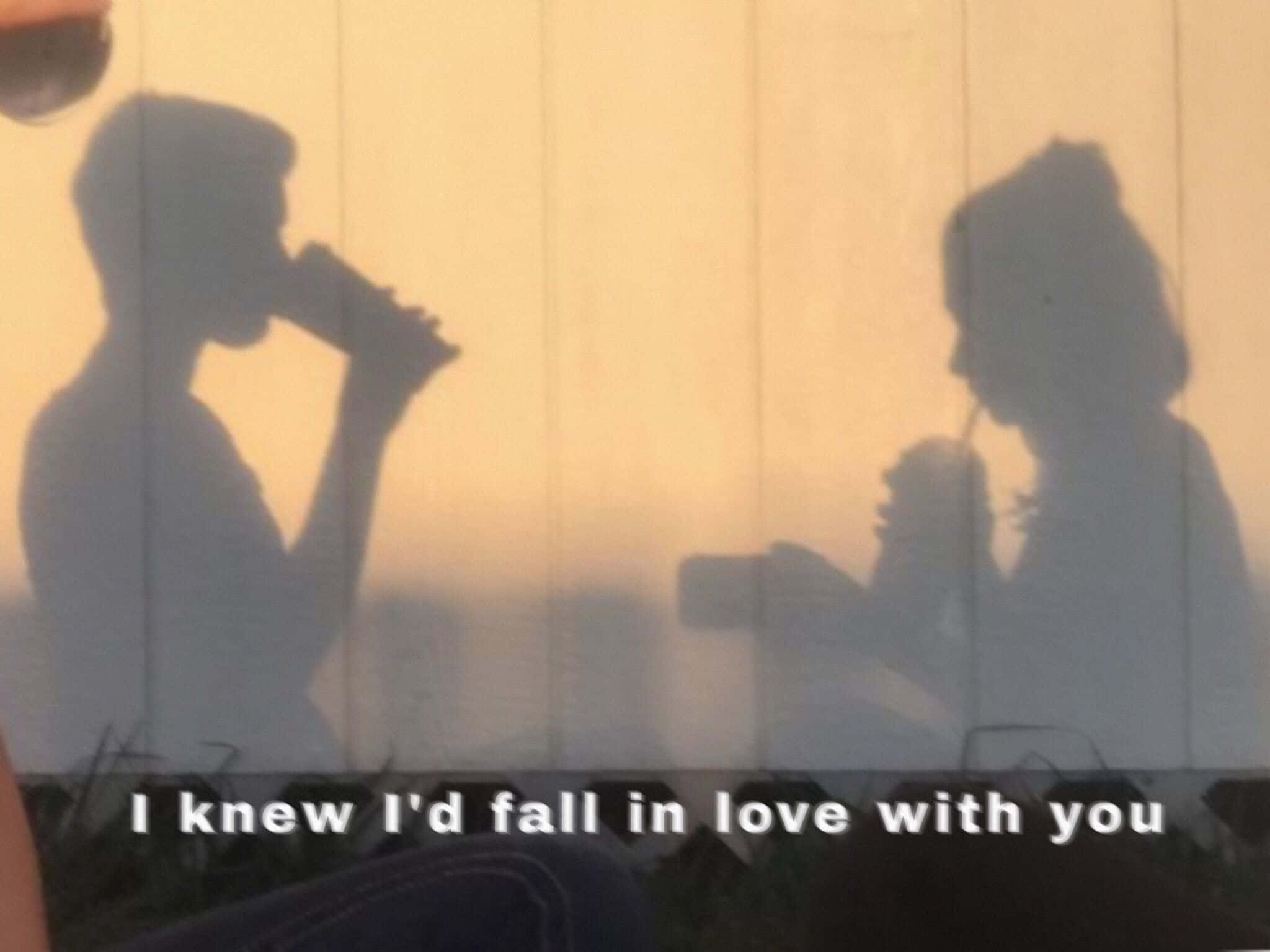 Falling In Love 桌布 壁紙 — 兩個人在暖色調牆上喝杯子的剪影，帶有浪漫文字疊加。