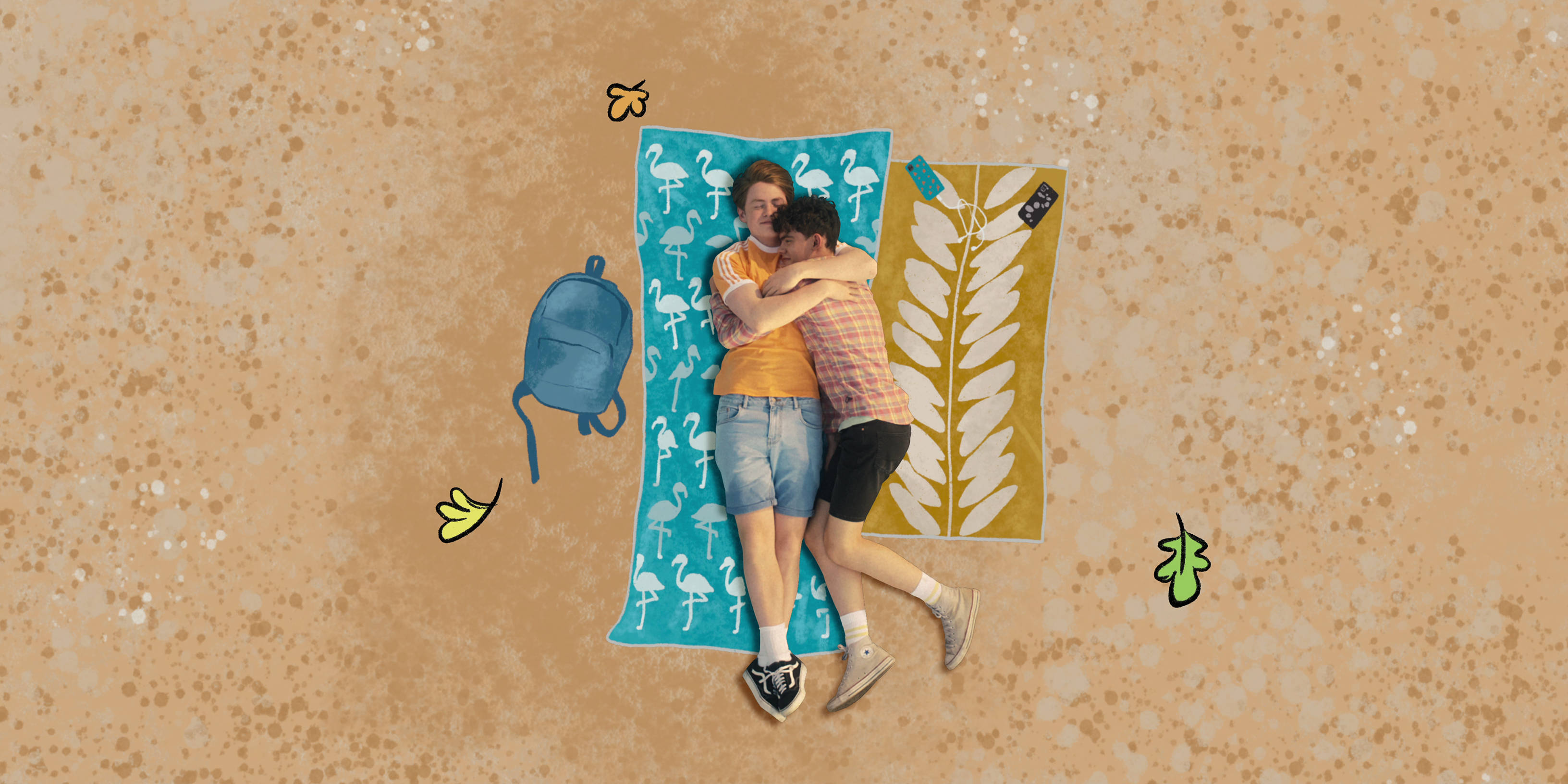 gay hug 桌布 壁紙 — 兩個人在有圖案的毛巾上擁抱，背景是斑駁的米色天空，漂浮著卡通蝴蝶和一個藍色背包。
