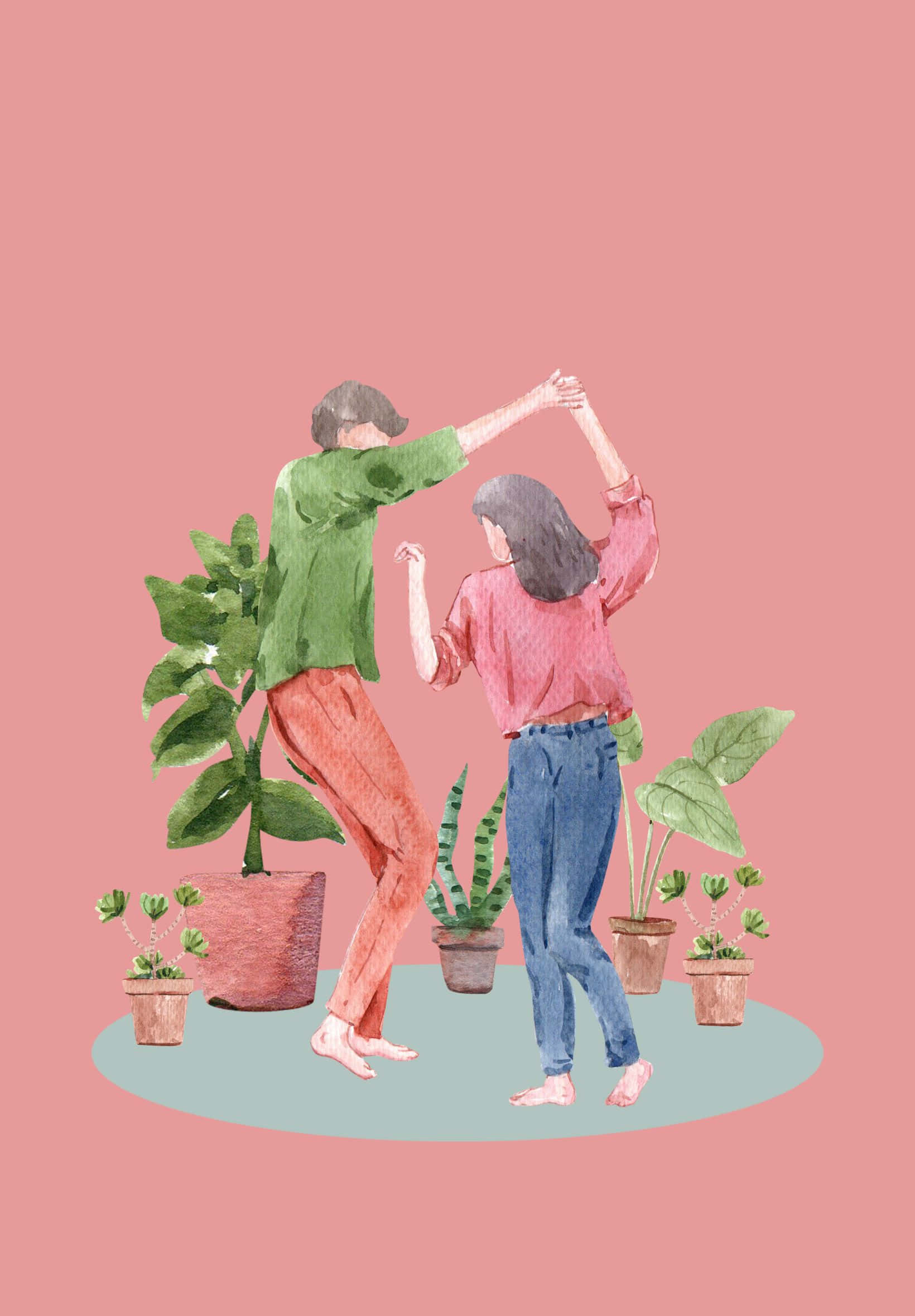 1640x2360 桌布 壁紙 — 兩個人在柔和的粉紅色背景中赤腳快樂地跳舞，周圍是盆栽植物。