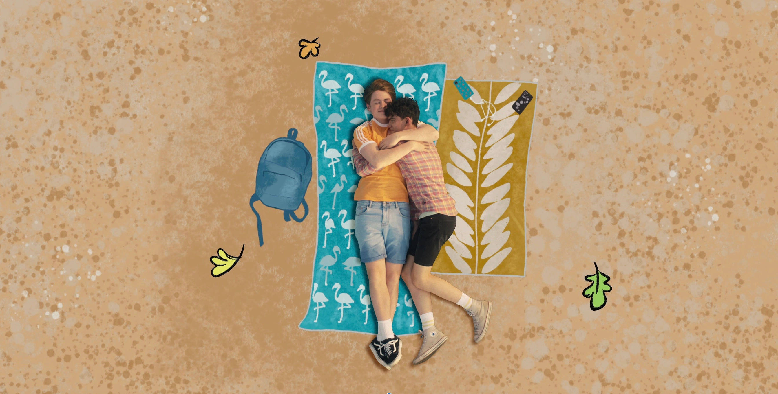心碎男孩 桌布 壁紙 — 兩個人在沙地上的圖案毛巾上擁抱，周圍散落著插圖物件。