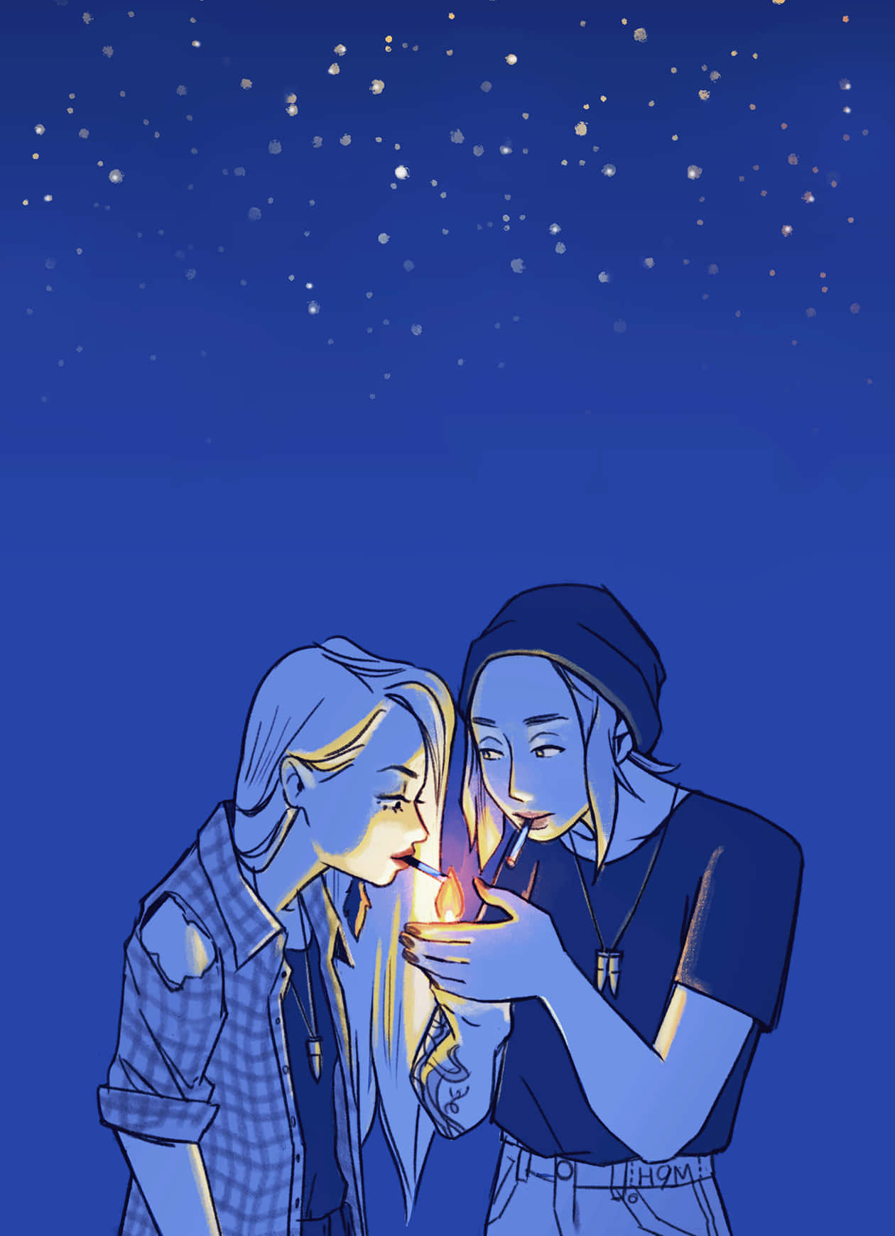 Starry Sky 桌布 壁紙 — 兩個人在繁星點點的夜空下分享一支香煙，伴隨著柔和的藍色燈光和溫暖的火焰光芒。