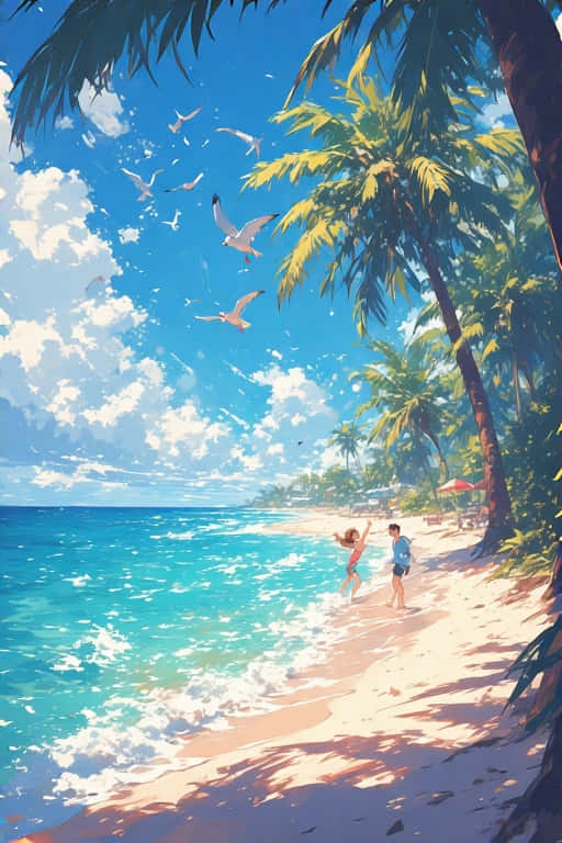 Anime Summer Beach Scene 壁紙 — 兩個人在陽光普照的熱帶海灘上，在棕櫚樹下快樂地奔跑，海鷗在碧綠的海水上翱翔。