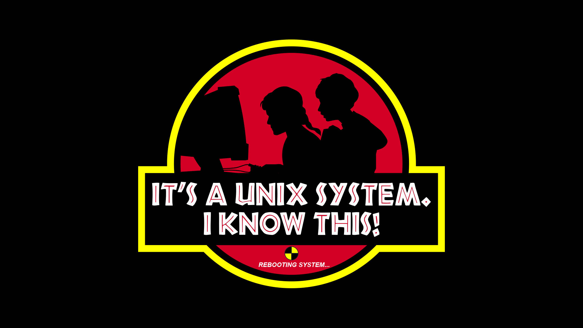 兩個人在電腦前，位於侏羅紀公園風格的標誌內，文字為「It's a Unix System. I Know This!」 — Microsoft 壁紙