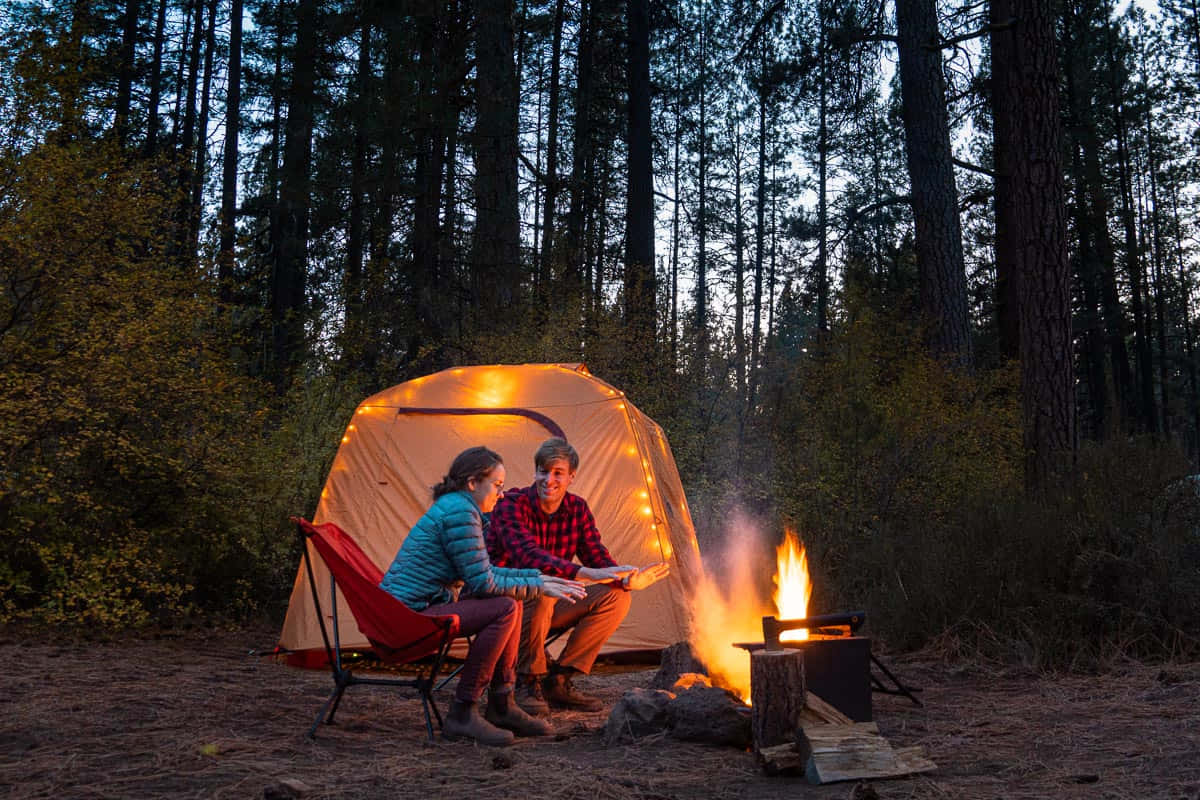 Fall Camping 桌布 壁紙 — 兩個人在黃昏的營火旁，在松樹林中發光的帳篷旁邊看書。
