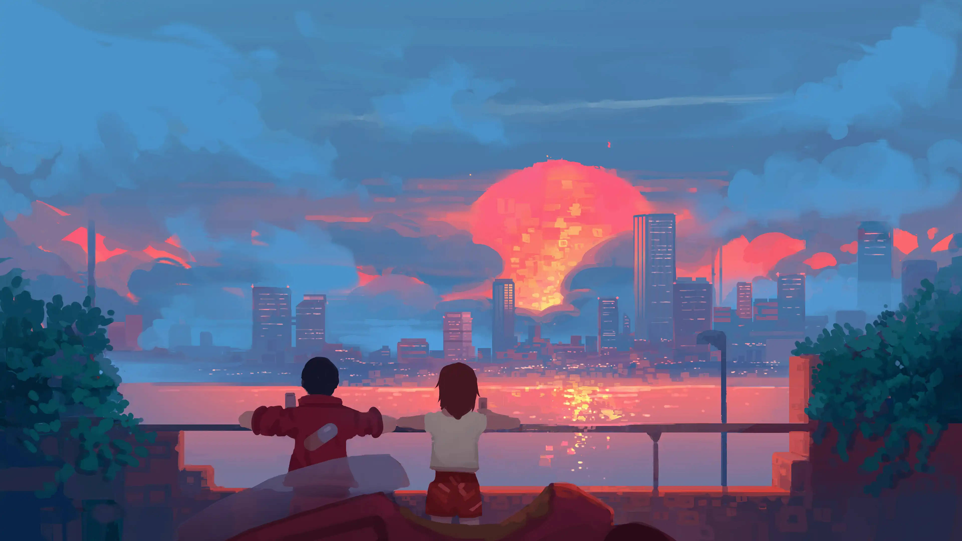 Akira 桌布 壁紙 — 兩個人坐在屋頂上，俯瞰城市天際線，一輪巨大的發光太陽正在摩天大樓後方落下。