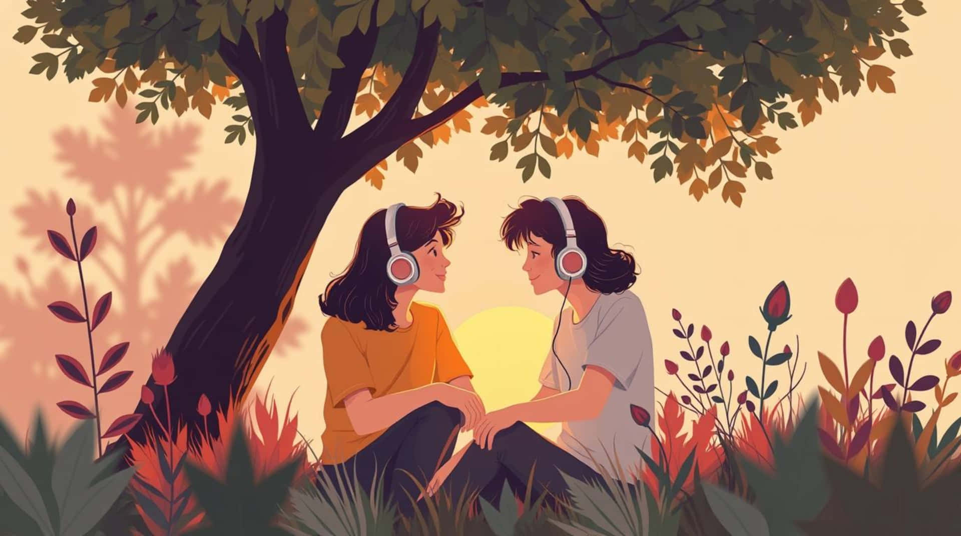 Two friends sharing headphones, enjoying music together under a tree in a peaceful outdoor setting. 壁紙 — 兩個人坐在樹下戴著耳機，在夕陽以溫暖色調渲染天空時，共享寧靜時刻。