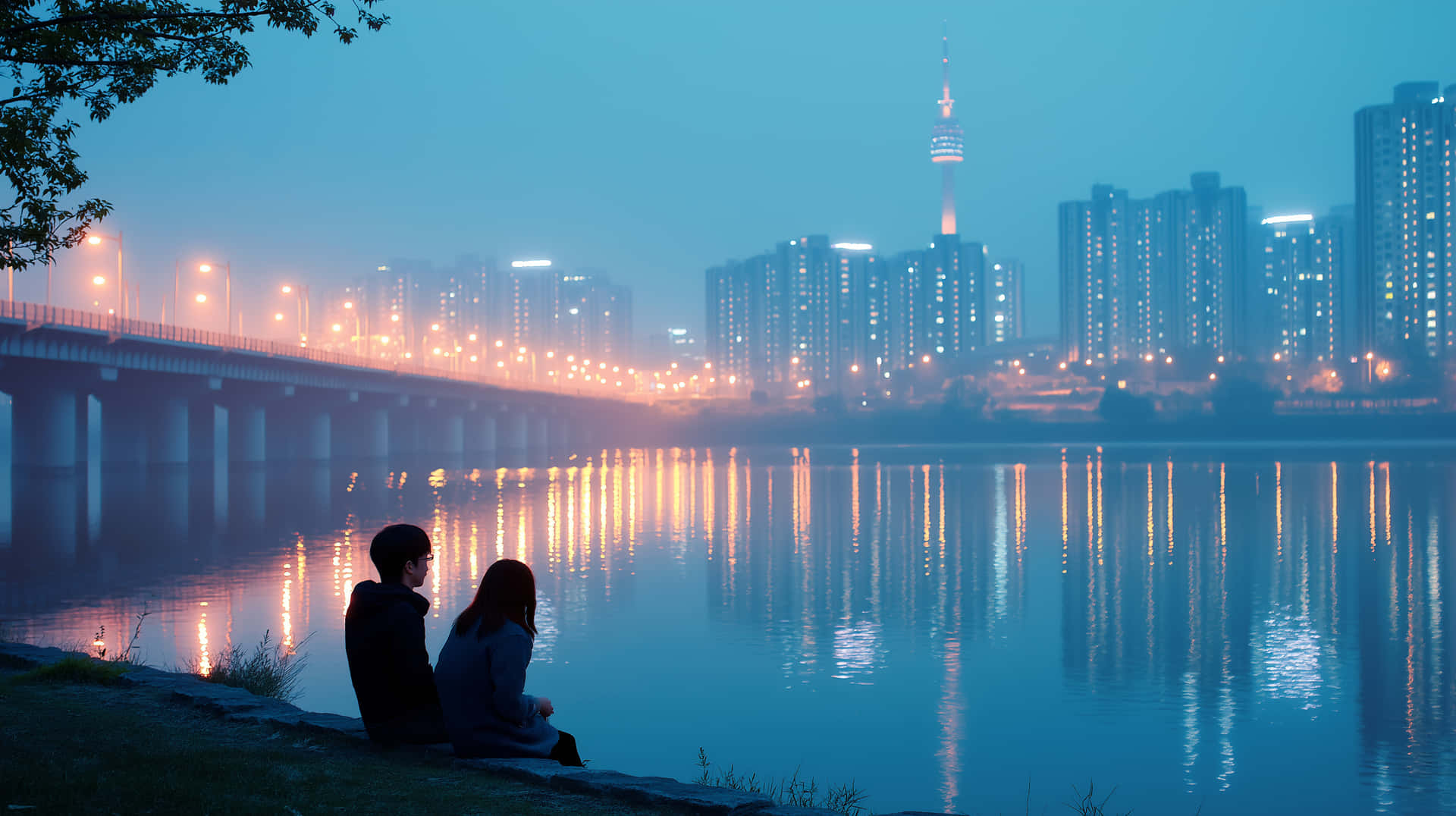 Reflective Evening: Couple by River, Bridge & City Glow 壁紙 — 兩個人坐在薄霧籠罩的河邊，黃昏時分，城市燈光與一座塔倒映在水中。
