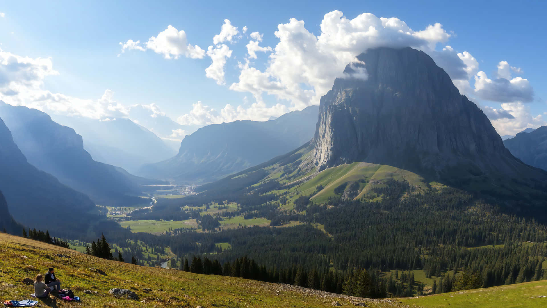 Mountain Landscape 壁紙 — 兩個人坐在長滿草的山坡上，俯瞰廣闊的山谷，高聳的岩石山峰在明亮的藍天下，飄著蓬鬆的白雲。