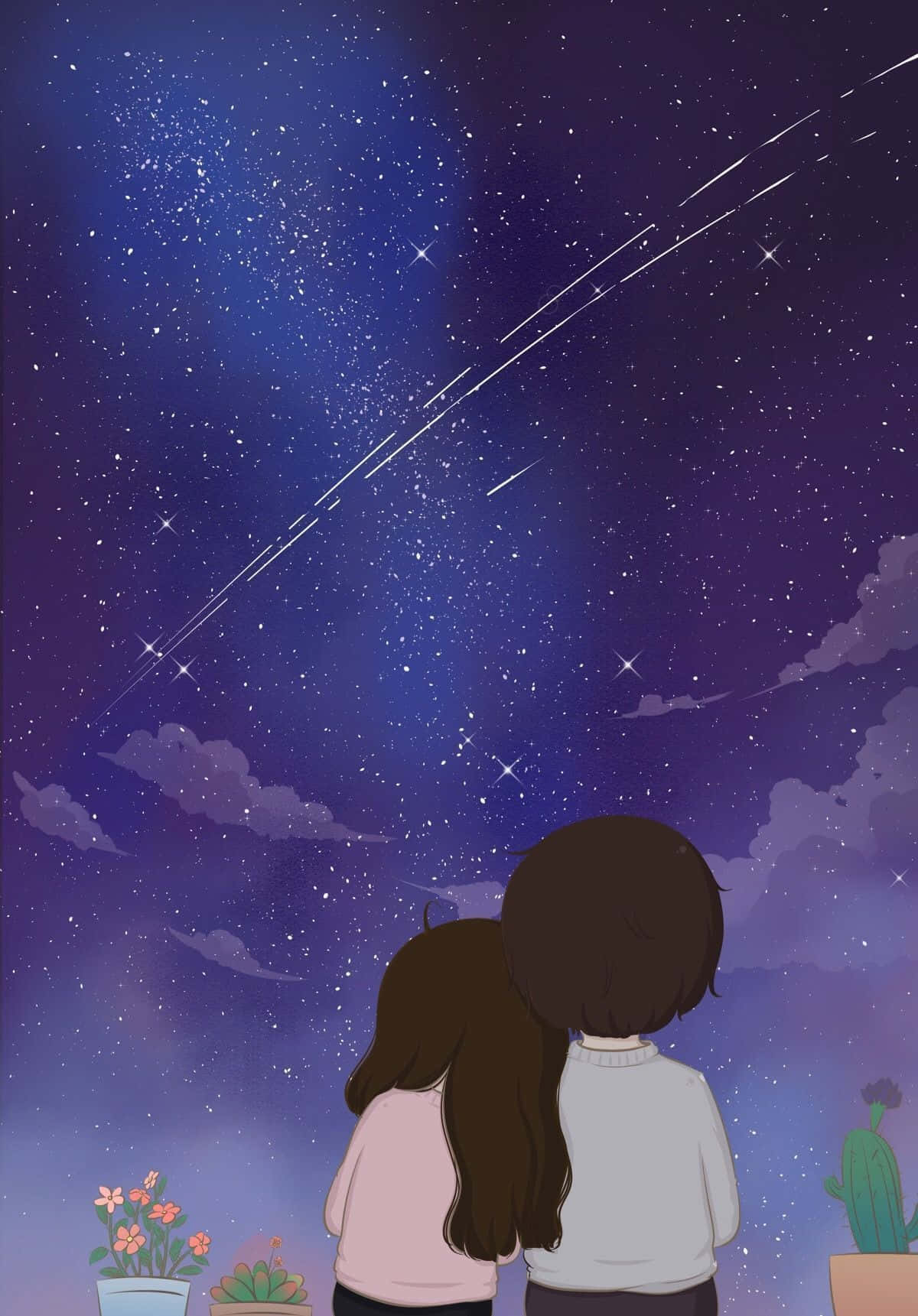 可愛動漫情侶 桌布 壁紙 — 兩個人影仰望充滿流星和柔和雲朵的璀璨星空。