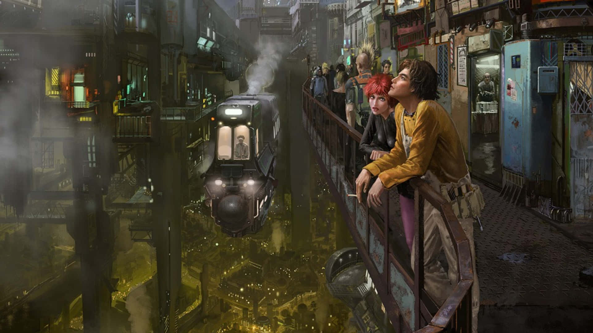 1080p Cyberpunk 2077 桌布 壁紙 — 兩個人影倚在欄杆上，俯瞰著蒸氣瀰漫、霓虹閃爍的城市景觀，一列火車在下方霧氣籠罩的城市峽谷中滑行而過。