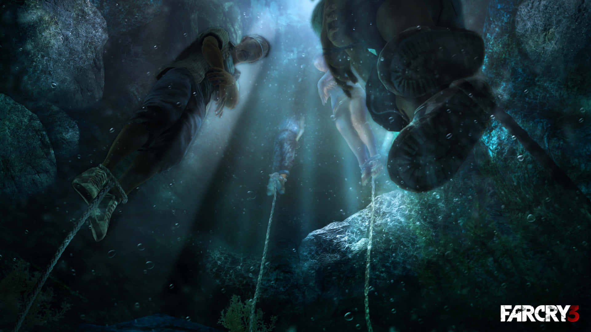 Far Cry 3 桌布 壁紙 — 兩個人影正下降到一個昏暗的水底洞穴，洞穴被從上方過濾下來的藍綠色光束照亮。