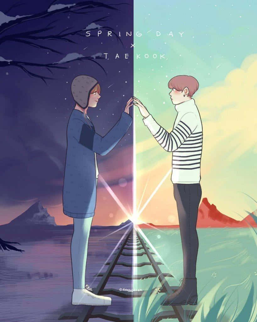 Bts Fanart 桌布 壁紙 — 兩個人影站在一條分岔的鐵路軌道兩側，一個在黑暗的冬季場景中，另一個在明亮的春季風景中，彼此伸手相向。