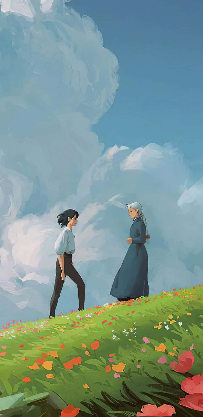 Studio Ghibli Phone 桌布 壁紙 — 兩個人影站在一片生機勃勃的野花草地上，頭頂是廣闊的天空，飄著柔軟的白雲。