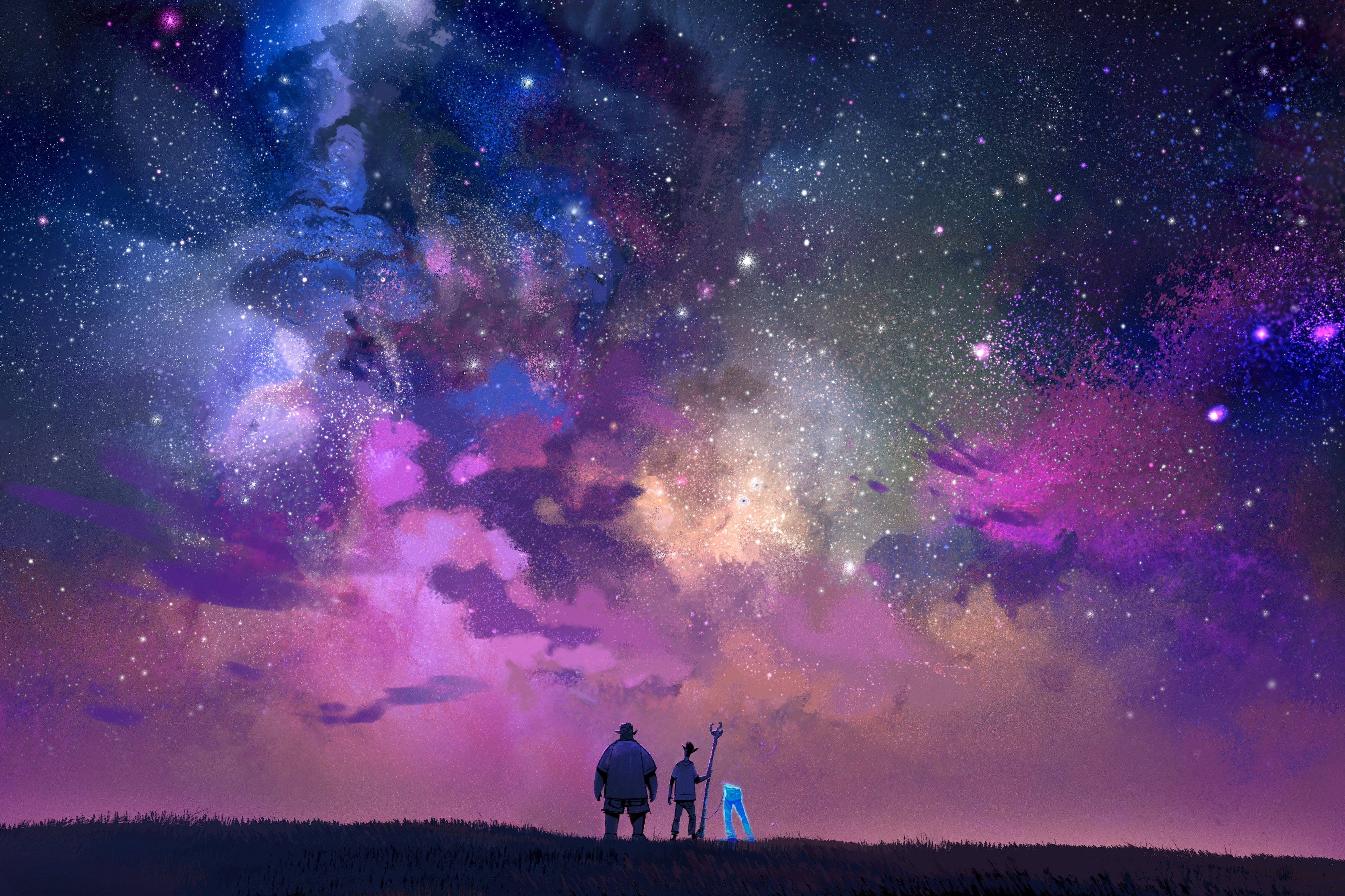 前進 桌布 壁紙 — 兩個人影站在山丘上，仰望充滿漩渦星雲和無數星辰的壯麗宇宙天空。