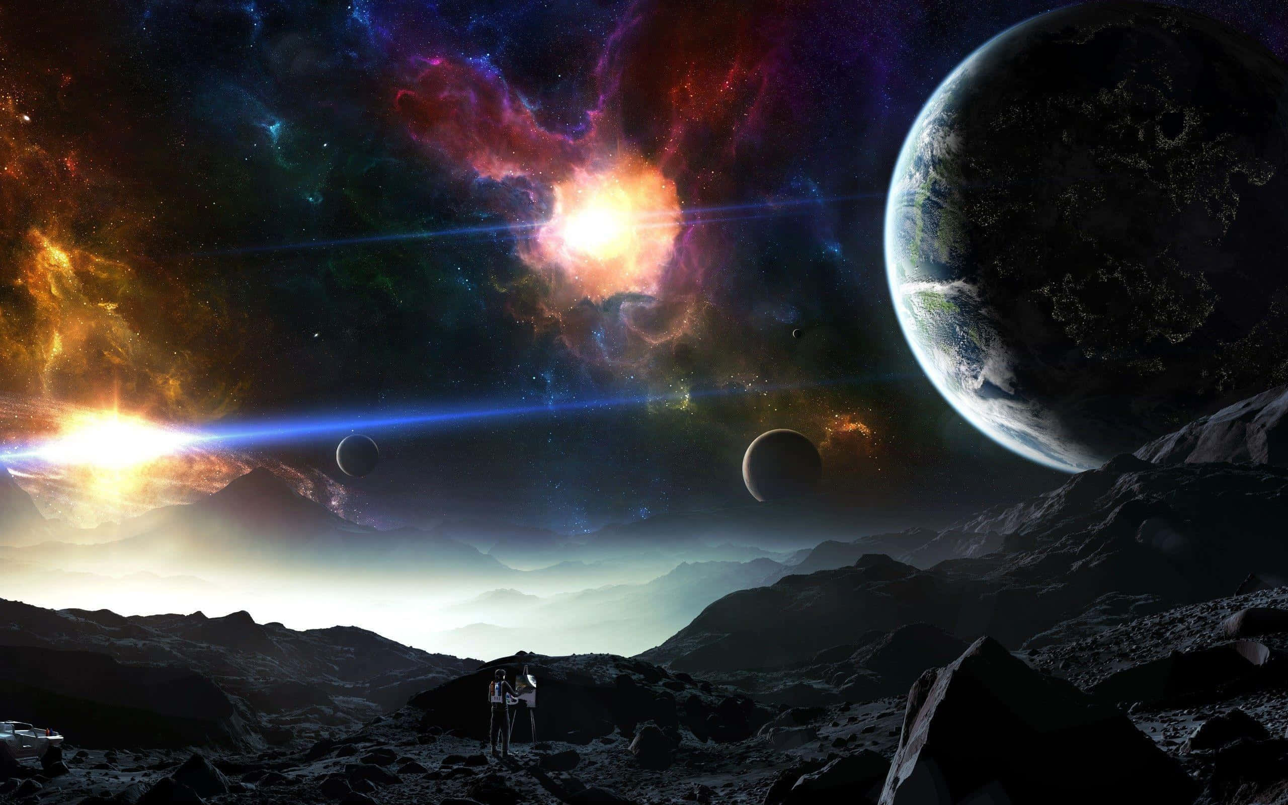Planets 桌布 壁紙 — 兩個人影站在岩石外星行星上，凝視著宇宙天空中充滿活力的星雲和發光的地球。