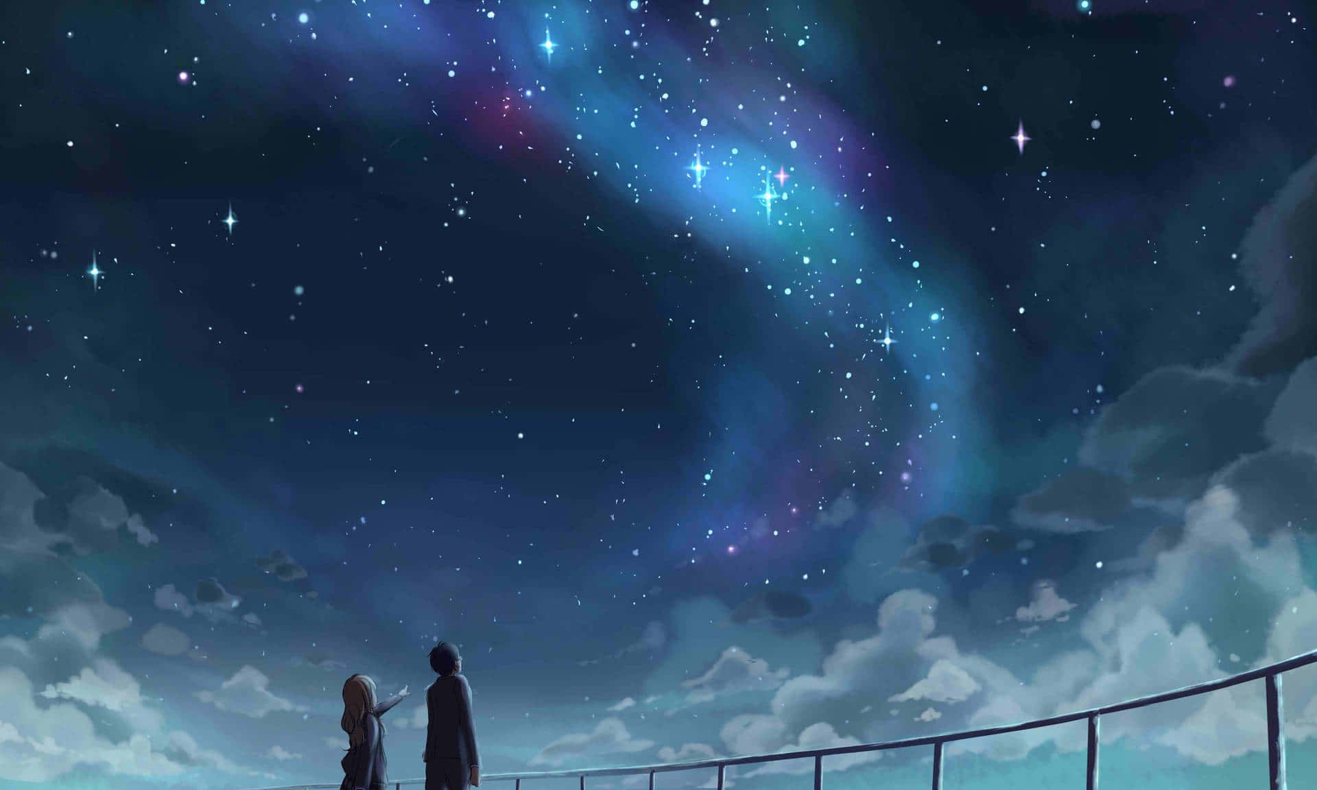 Night Anime 桌布 壁紙 — 兩個人影站在欄杆上凝視著充滿活力的星空，伴隨著發光的宇宙雲。