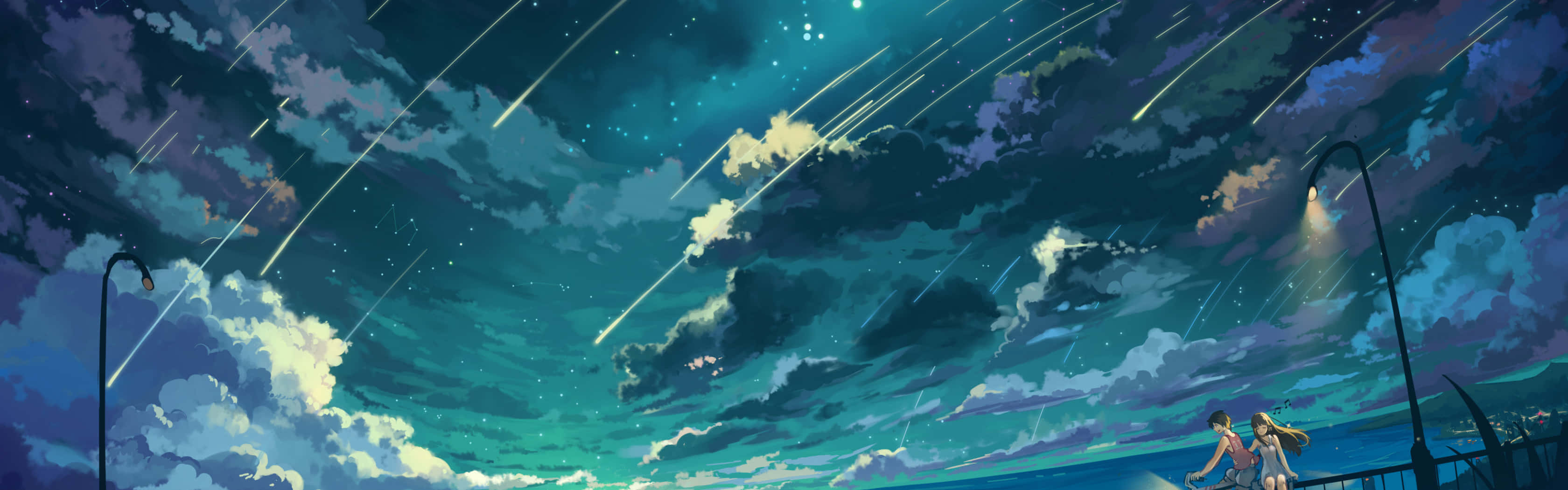 桌布 壁紙 — 兩個人影站在碼頭上，頭頂是佈滿流星和發光雲彩的璀璨夜空。