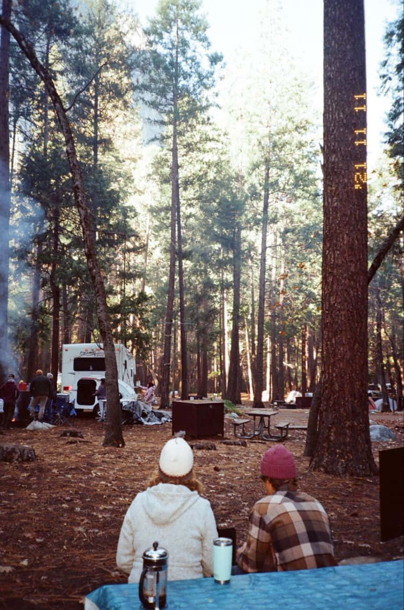 Minimalist Camping 桌布 壁紙 — 兩個人戴著毛帽坐在陽光普照的松樹林的野餐桌旁，附近有露營車和露營者。