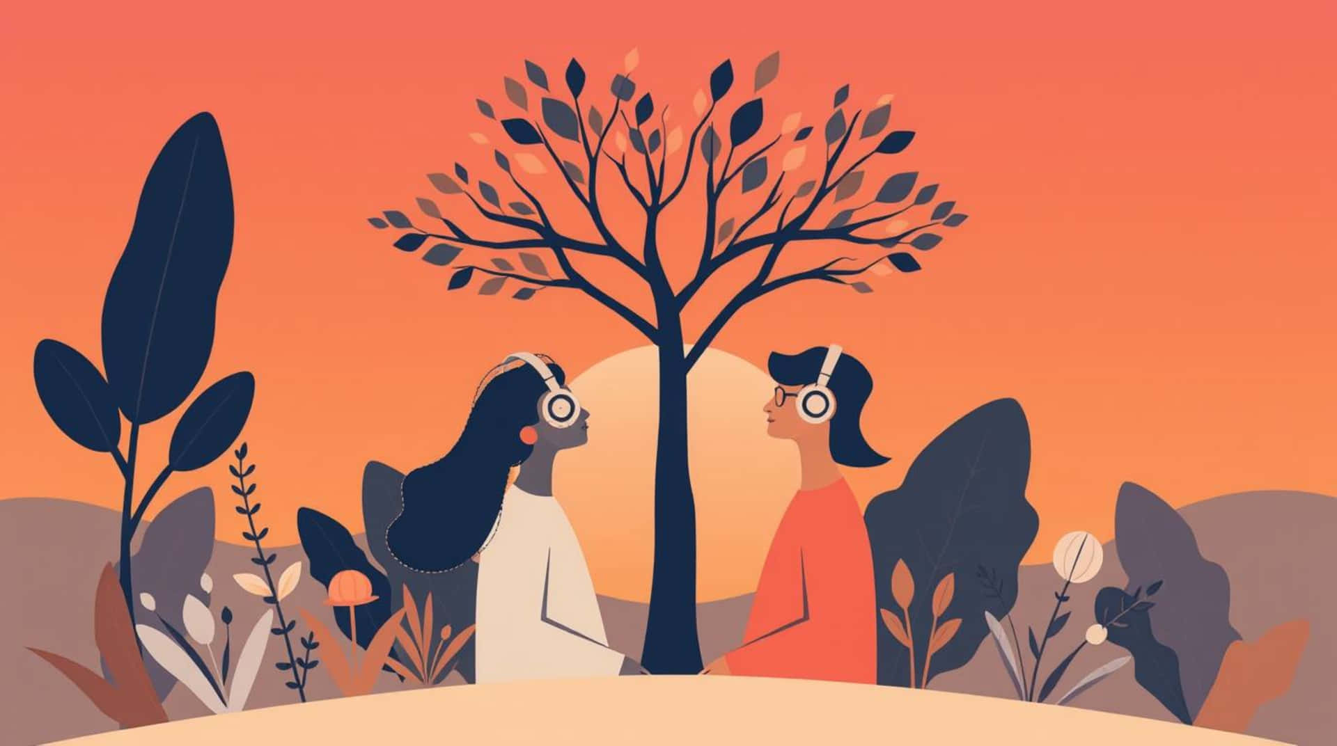 Two people sharing a moment under a tree, listening to music with headphones, peaceful sunset vibe 壁紙 — 兩個人戴著耳機，在日落時分坐在一棵風格化插圖風景中的樹下，面對面。